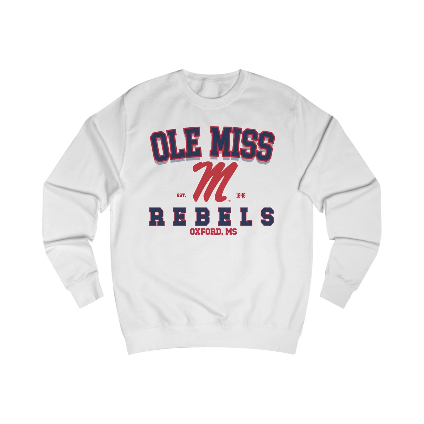 White sweatshirt with 'Ole Miss Rebels' text on a white background