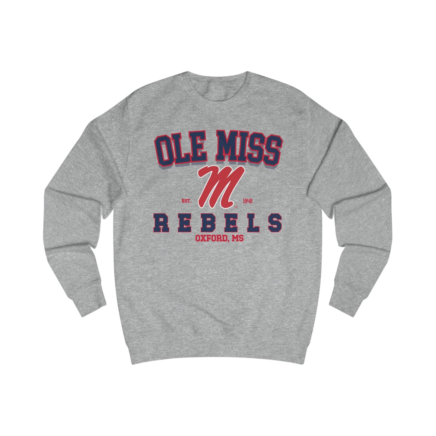 Gray sweatshirt with 'Ole Miss Rebels' text and logo on a white background