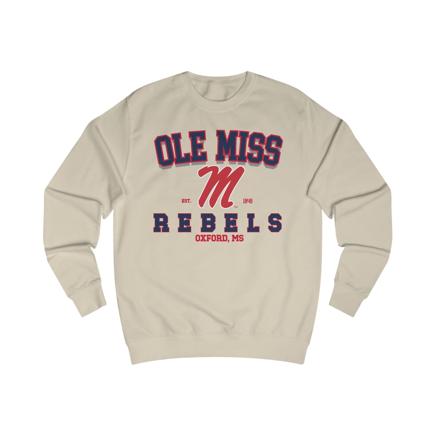 Beige sweatshirt with 'Ole Miss Rebels' text on a white background