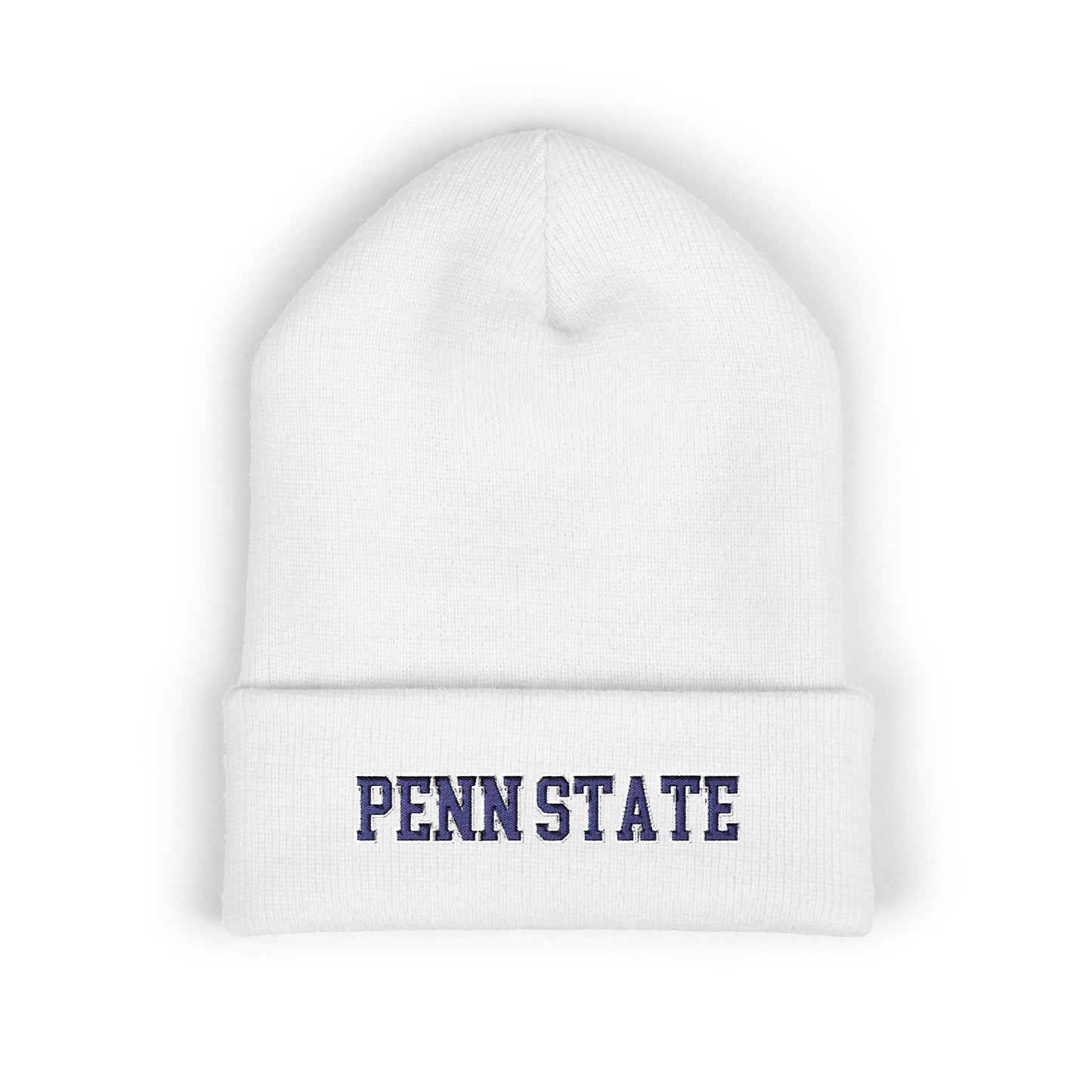 White beanie with 'PENN STATE' text on a white background