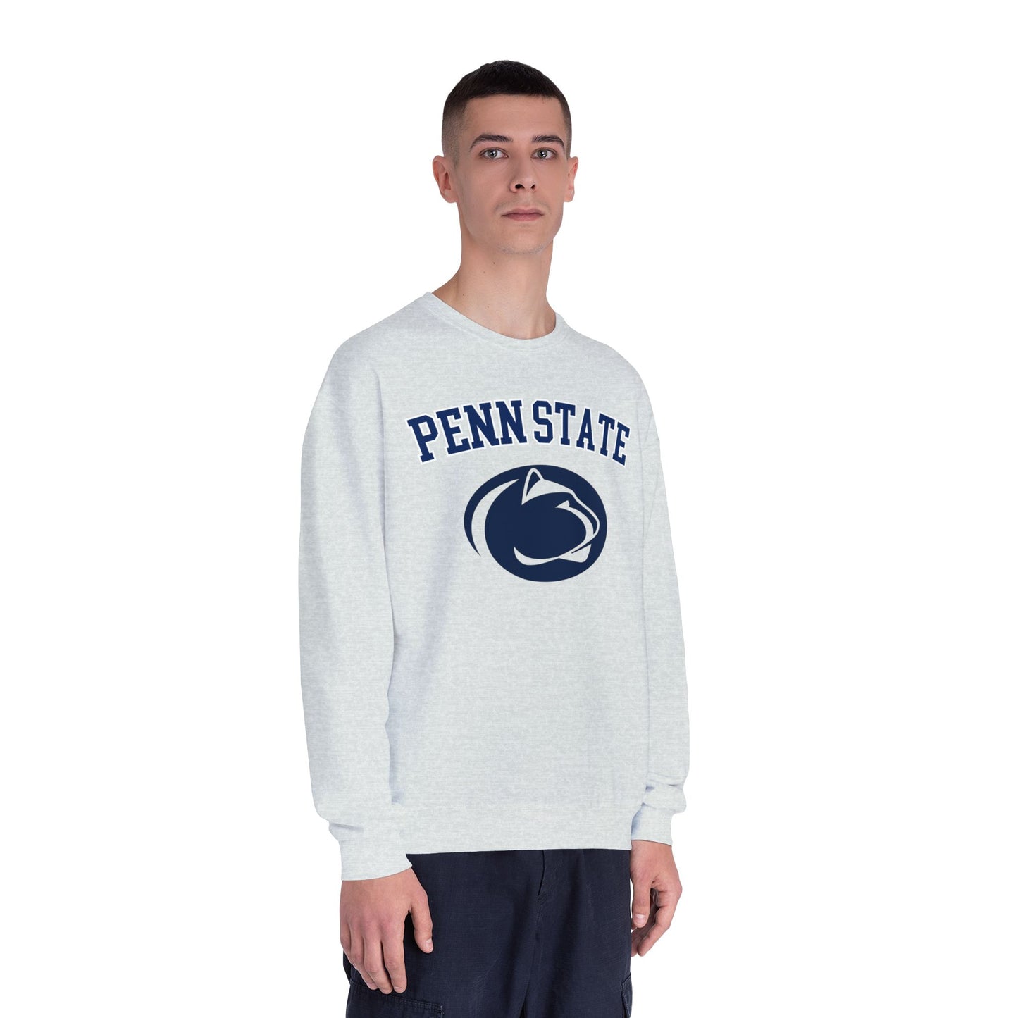 Person wearing a white Penn State sweatshirt on a white background