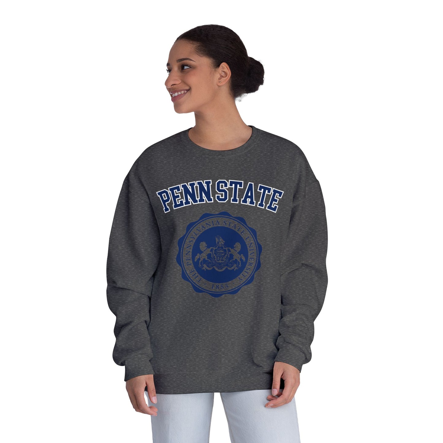 Person wearing a gray 'Penn State' sweatshirt with a blue emblem on a white background