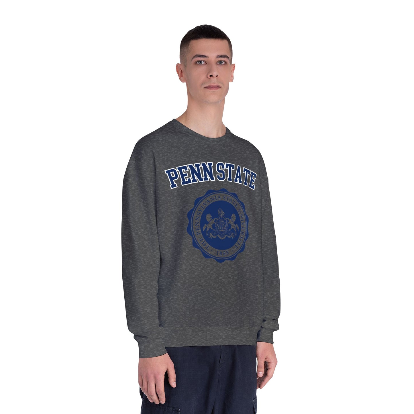 Person wearing a gray 'Penn State' sweatshirt with a blue emblem on a white background