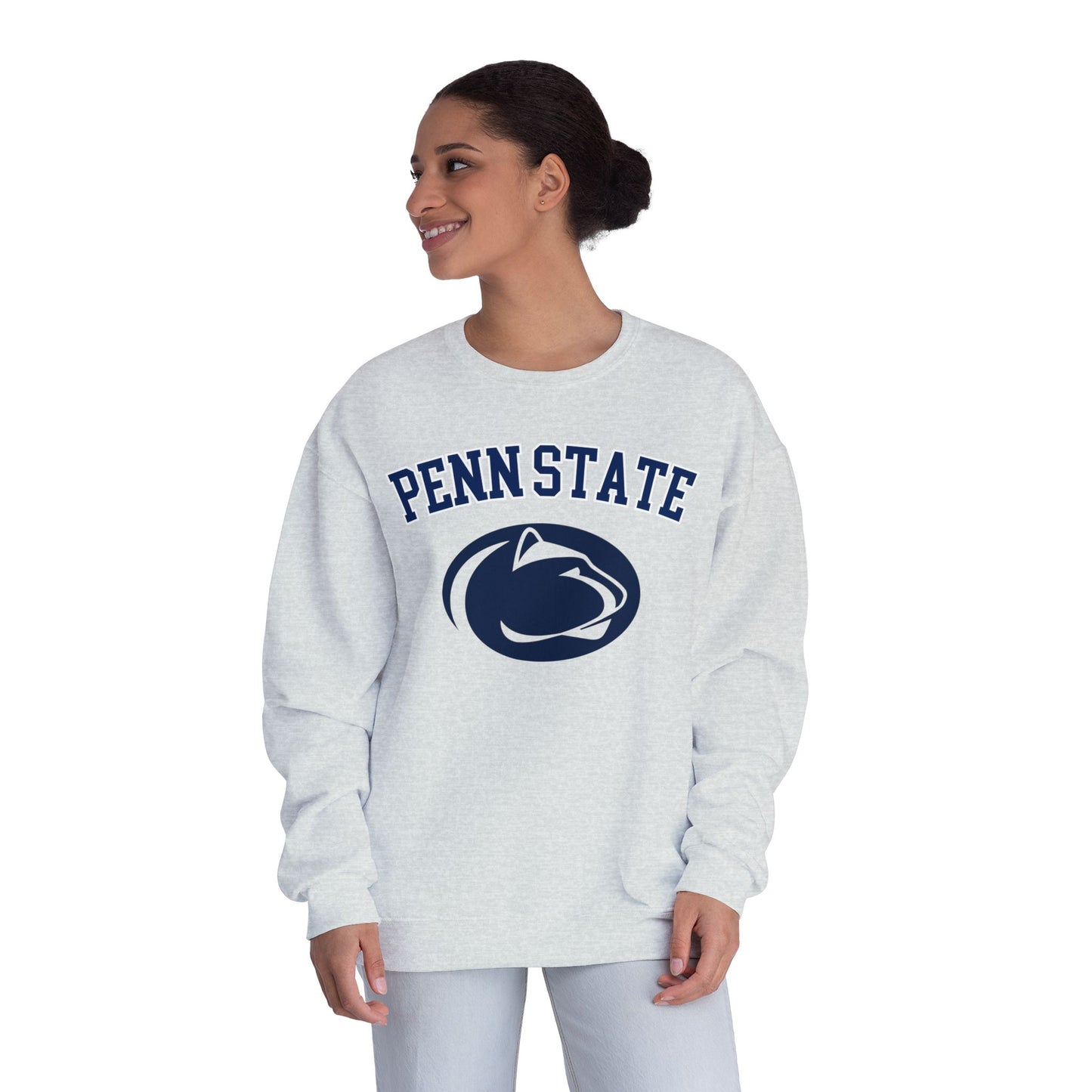 Woman wearing a Penn State sweatshirt on a white background