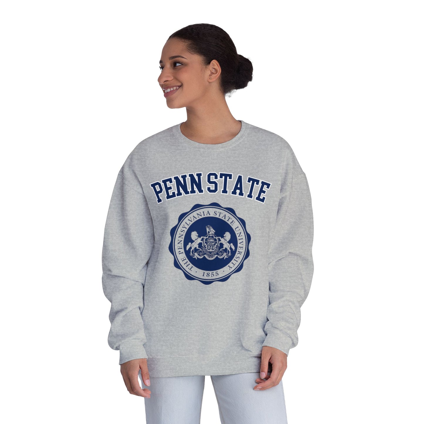 Person wearing a gray 'Penn State' sweatshirt with a blue logo on a white background