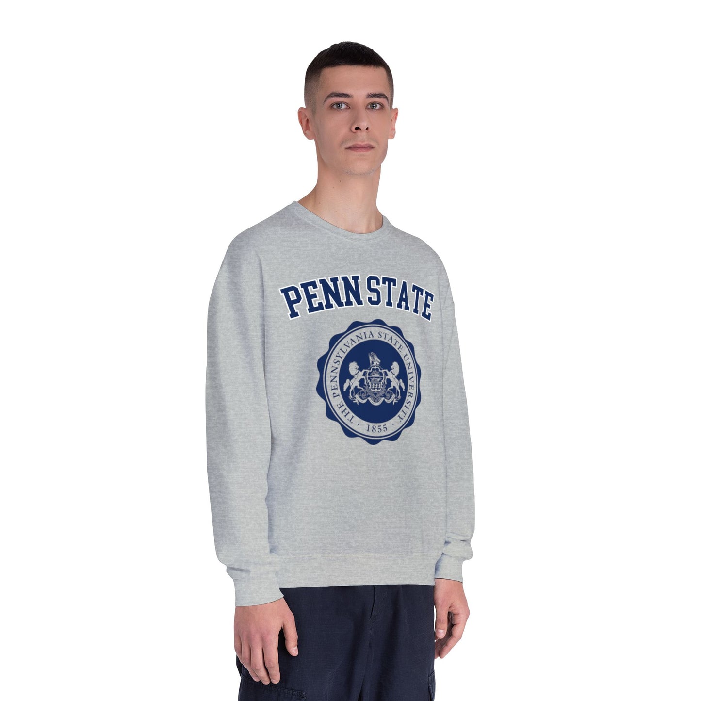Person wearing a gray Penn State sweatshirt on a white background