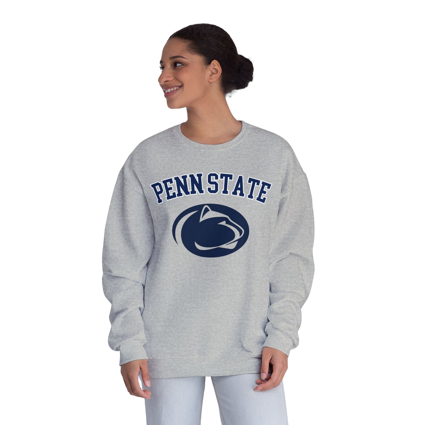 Person wearing a gray Penn State sweatshirt on a white background