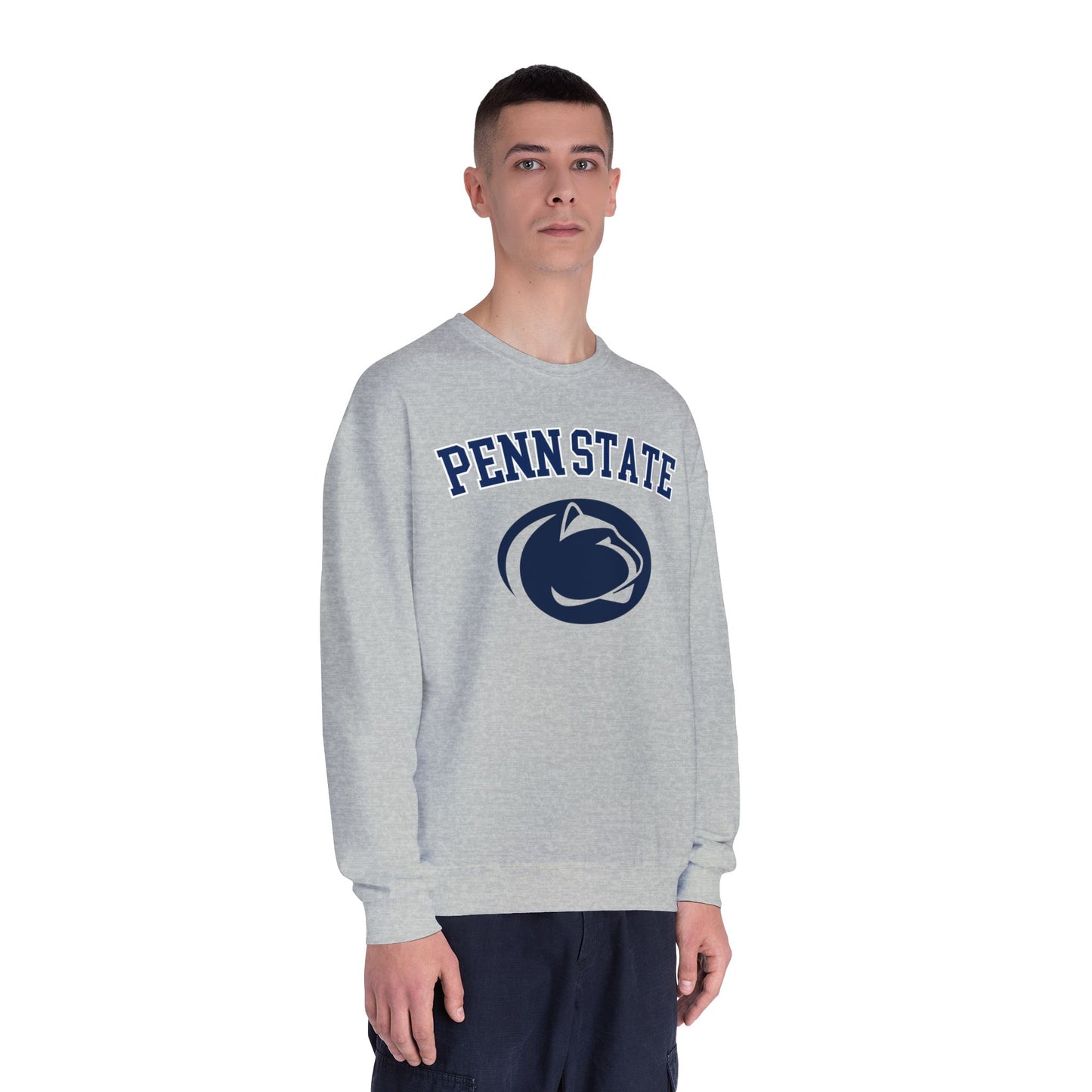 Person wearing a gray Penn State sweatshirt on a white background