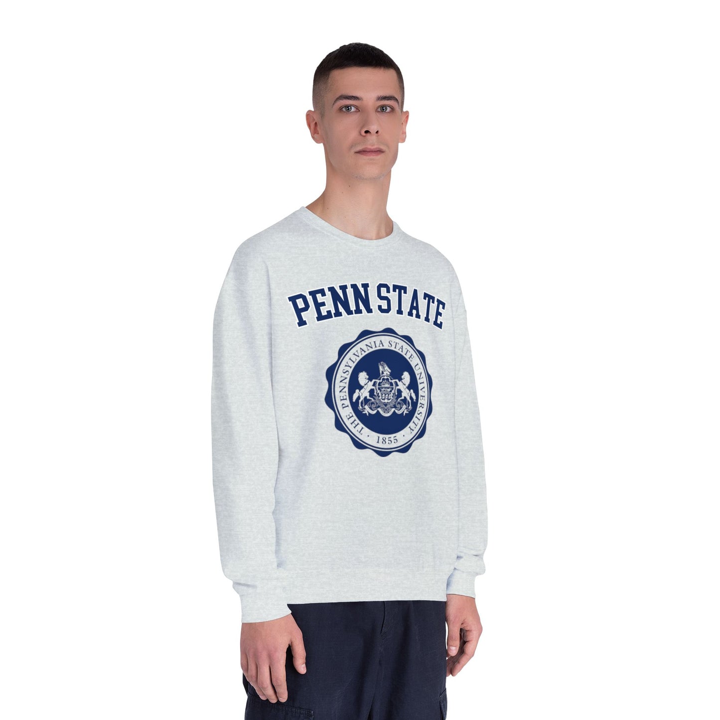 Person wearing a gray sweatshirt with 'Penn State' logo on a white background