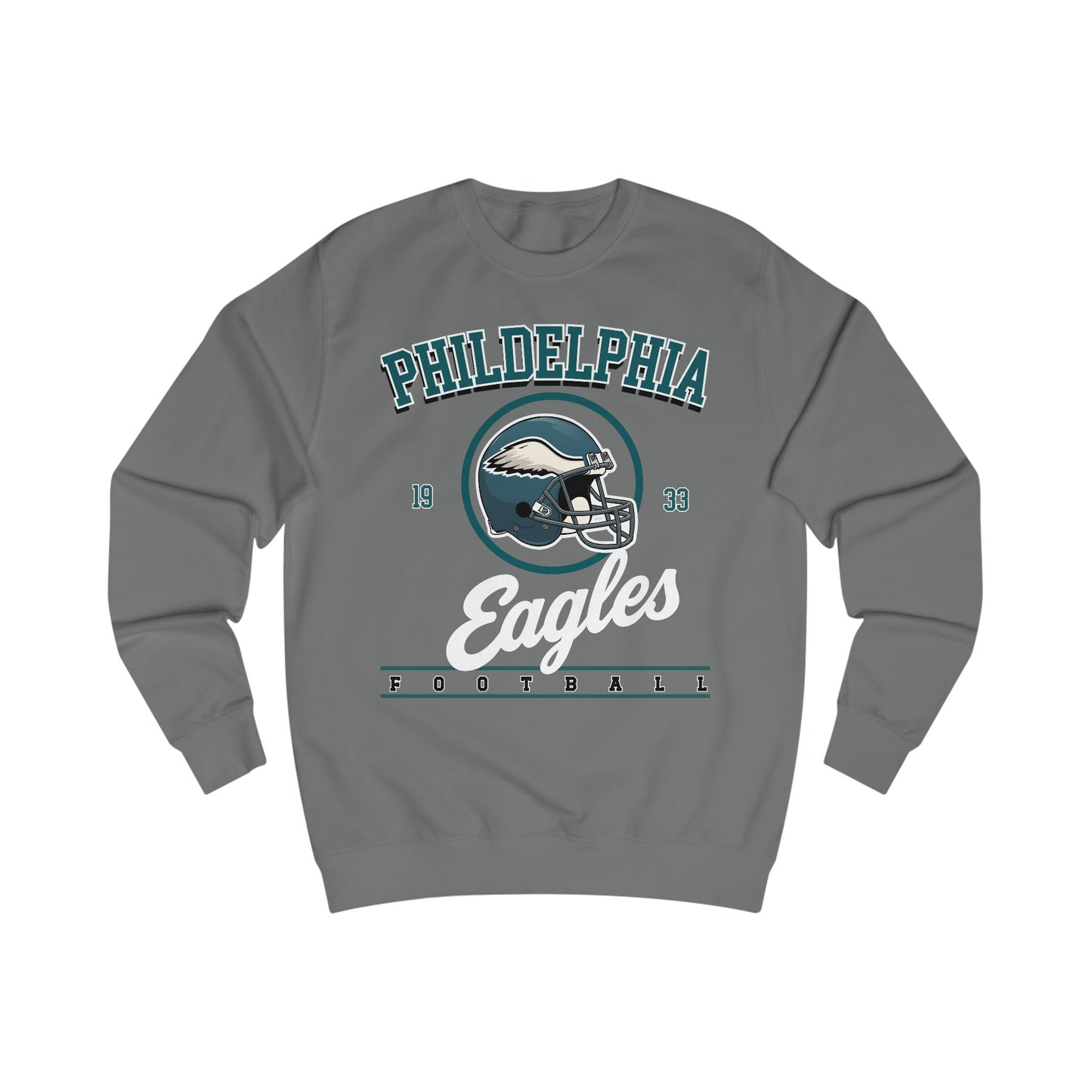 Gray sweatshirt with Philadelphia Eagles logo on a white background