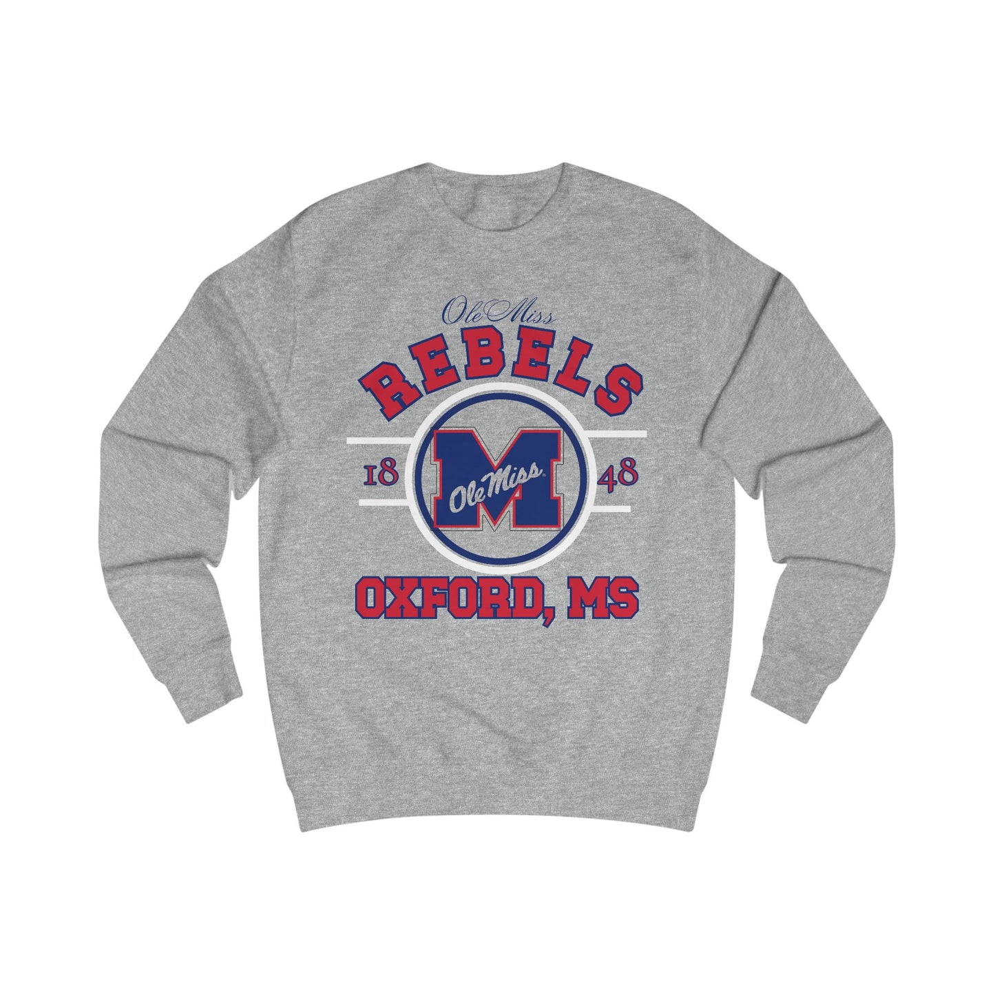 Gray sweatshirt with Ole Miss Rebels logo and text on a white background