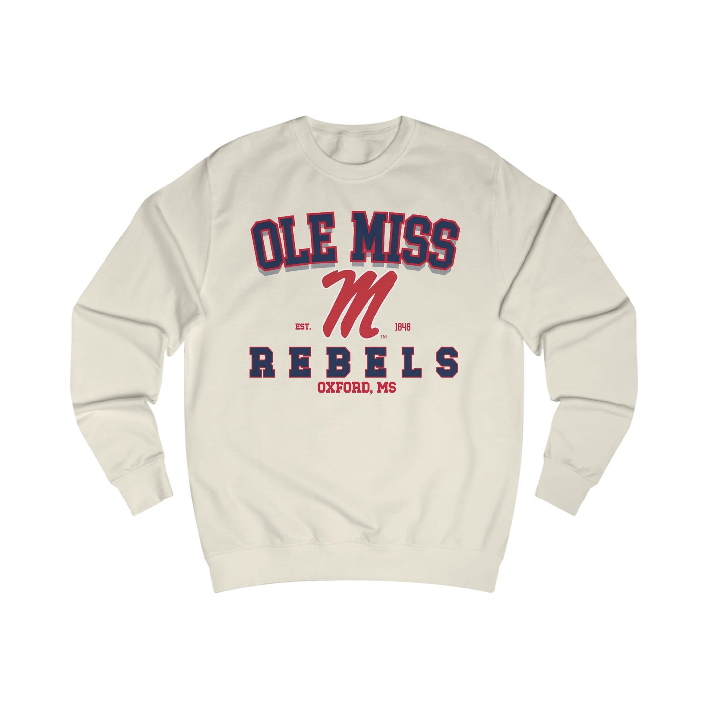 Beige sweatshirt with 'Ole Miss Rebels' text on a white background