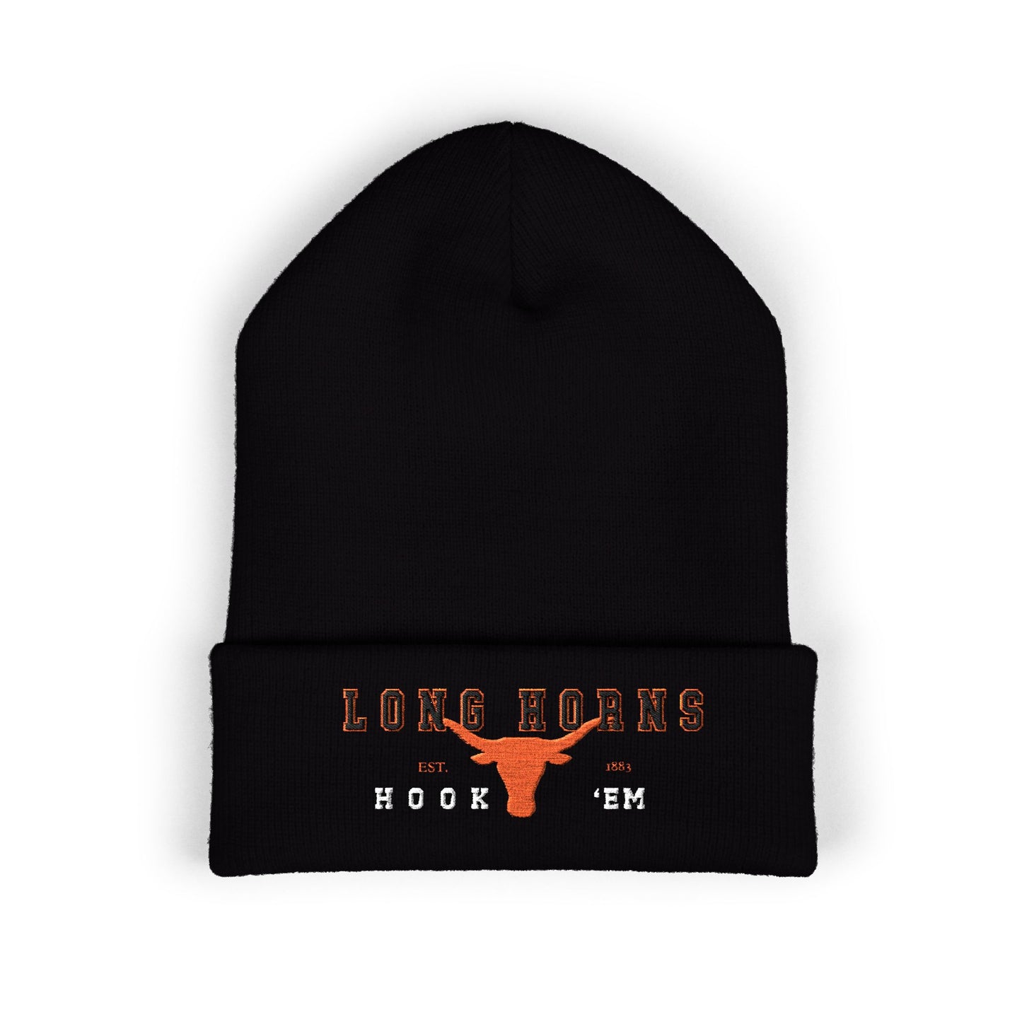 Black beanie with 'Longhorns' and 'Hook 'Em' text on a white background