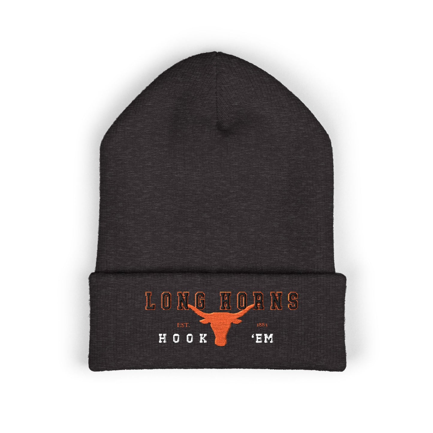 Dark gray beanie with 'Long Horns' and 'Hook 'Em' text on a white background