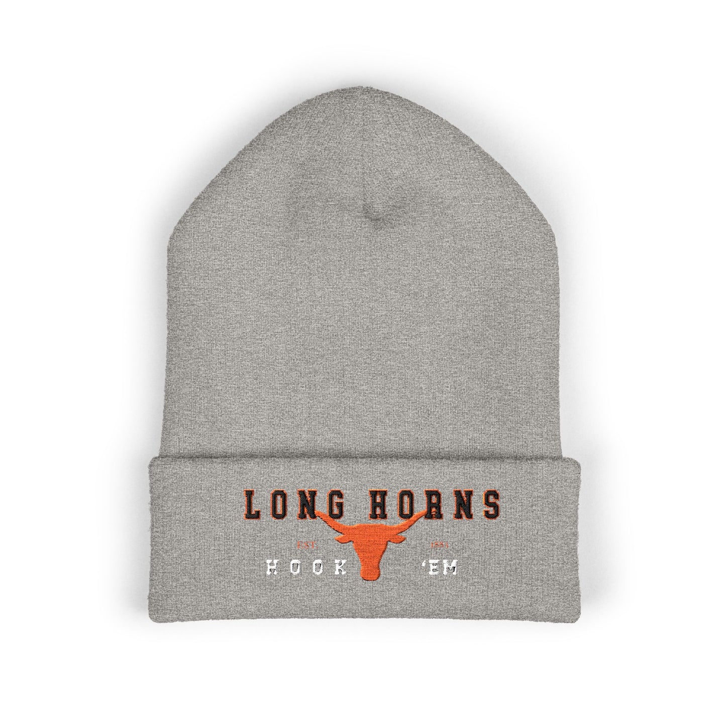 Gray beanie with 'Long Horns' text and logo on a white background