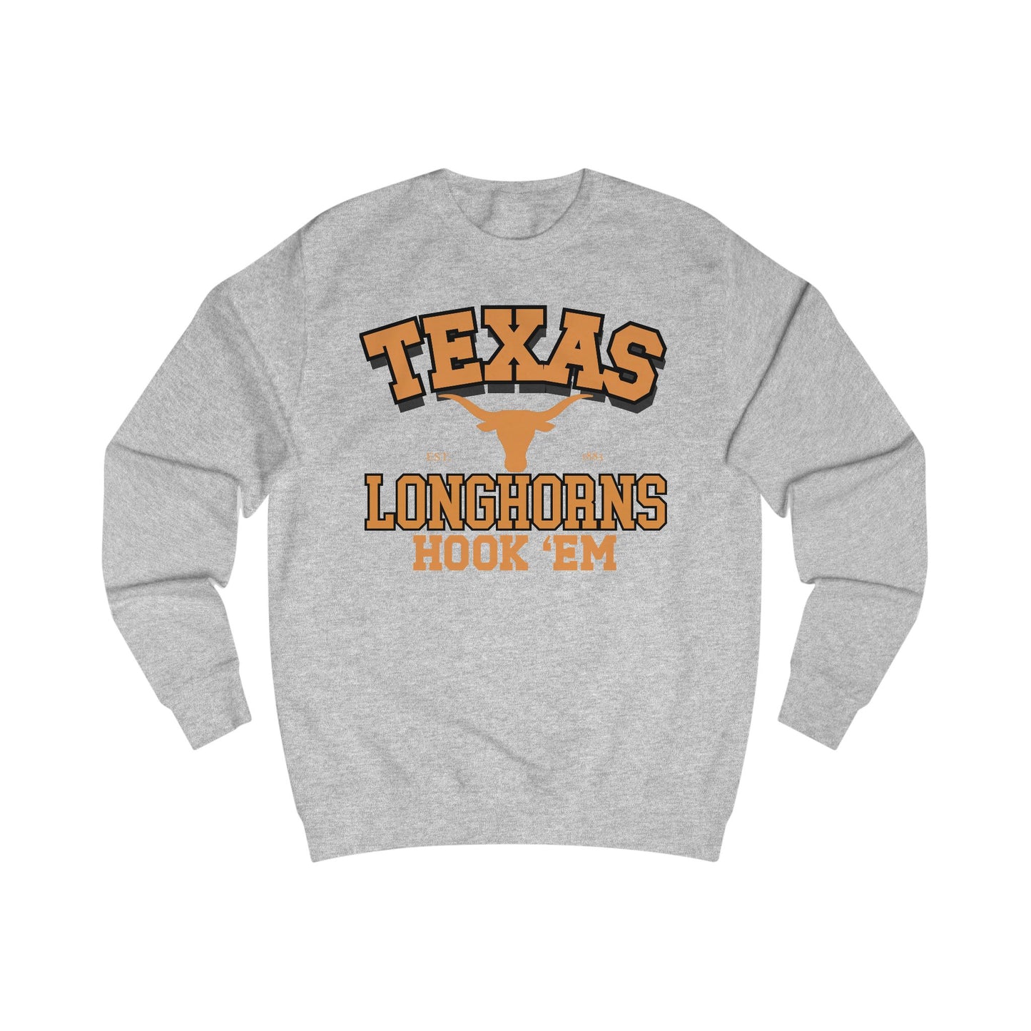Gray sweatshirt with 'Texas Longhorns Hook 'Em' text and logo on a white background
