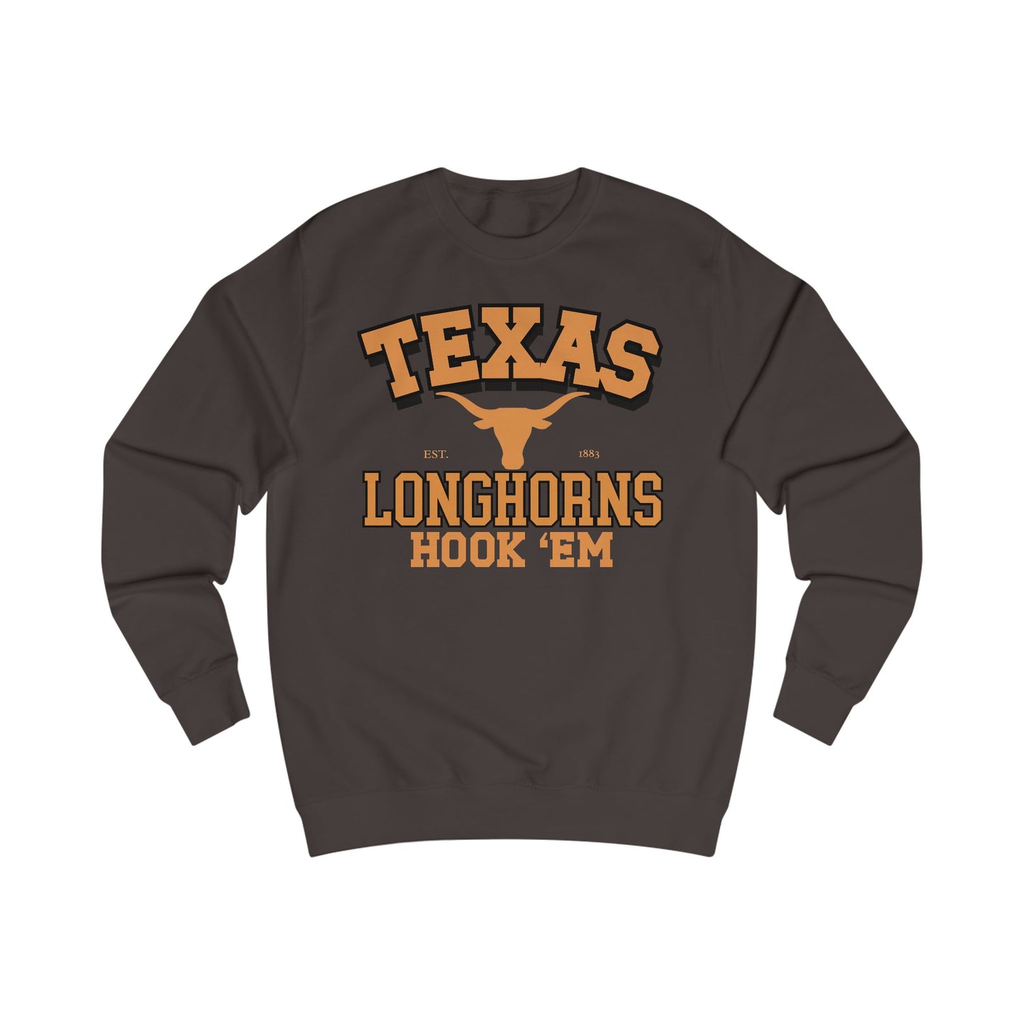 Dark gray sweatshirt with 'Texas Longhorns Hook 'Em' text and logo on a white background
