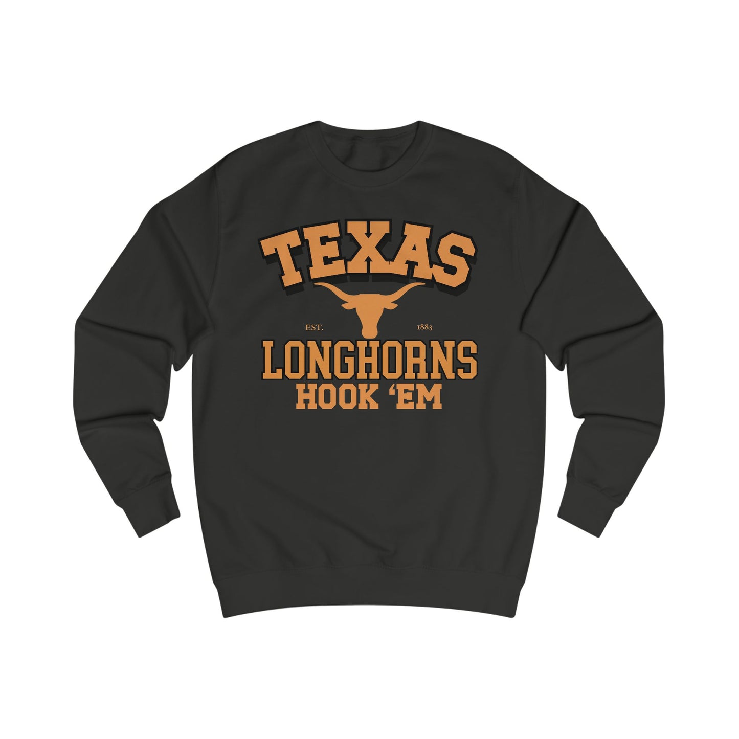 Black sweatshirt with orange 'Texas Longhorns Hook 'Em' text and logo on a white background