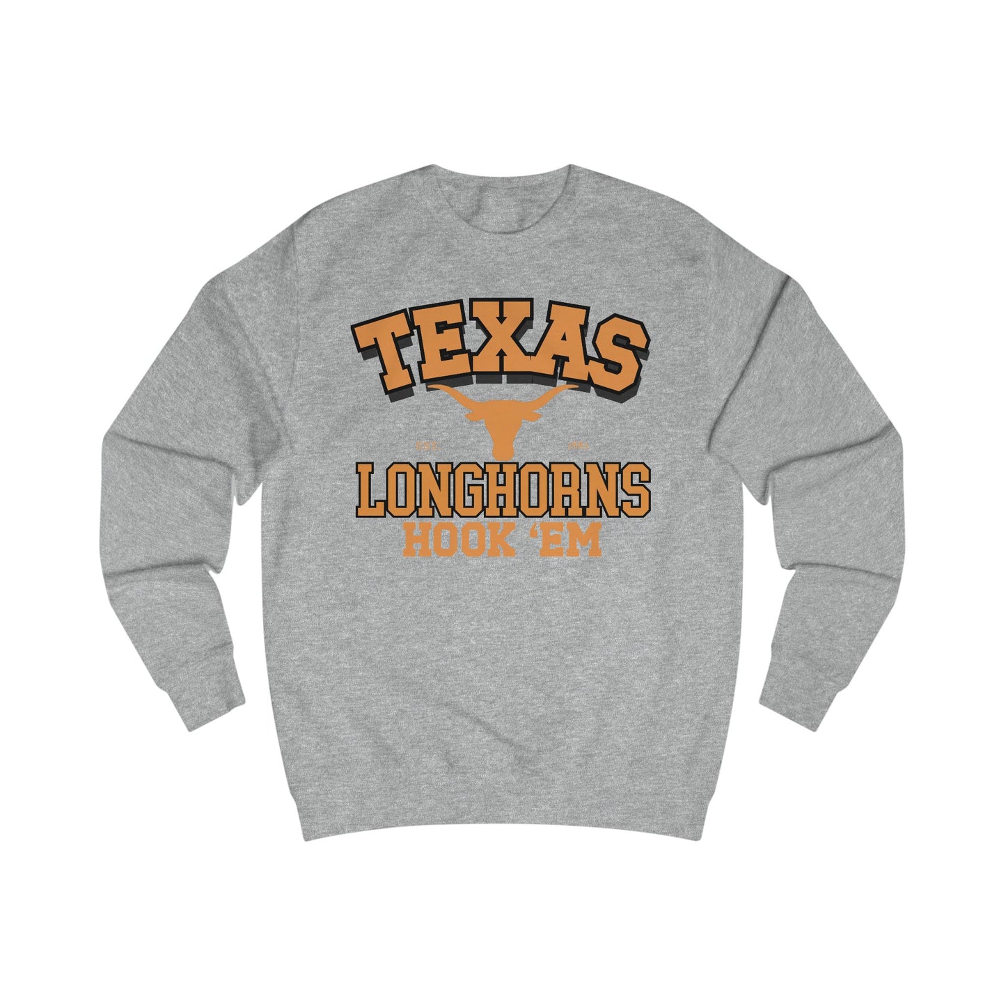 Gray sweatshirt with Texas Longhorns logo and text on a white background