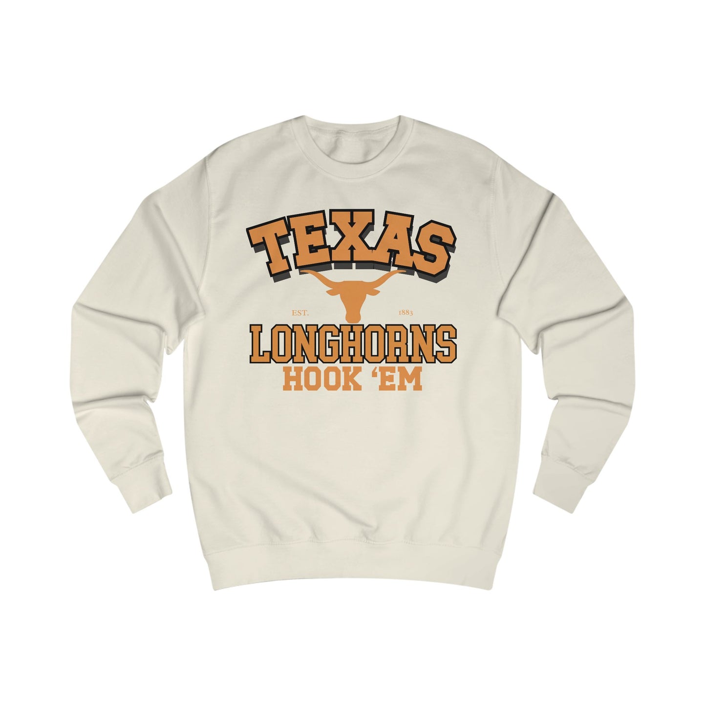 Beige sweatshirt with 'Texas Longhorns Hook 'Em' text and logo on a white background