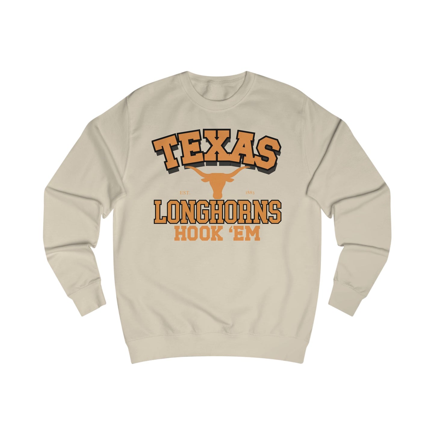 Beige sweatshirt with 'Texas Longhorns Hook 'Em' text and logo on a white background