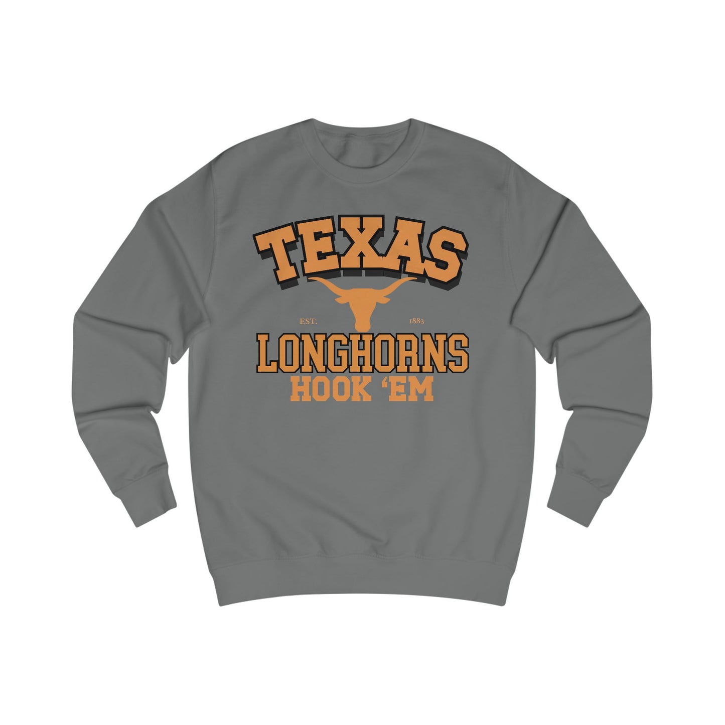 Gray sweatshirt with 'Texas Longhorns Hook 'Em' text and logo on a white background