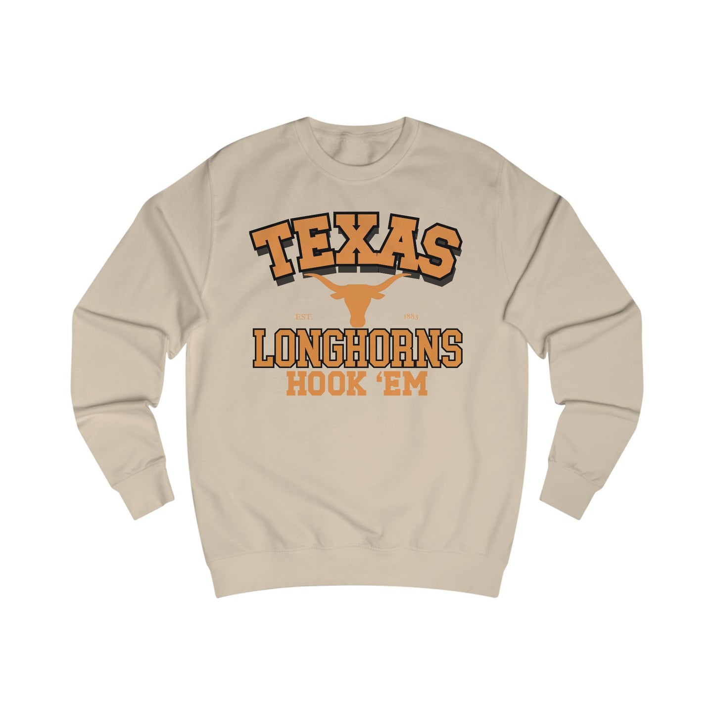 Beige sweatshirt with 'Texas Longhorns Hook 'Em' text and logo on a white background
