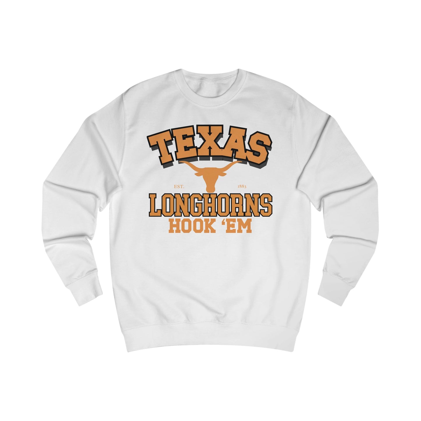 White sweatshirt with 'Texas Longhorns Hook 'Em' text and logo on a white background