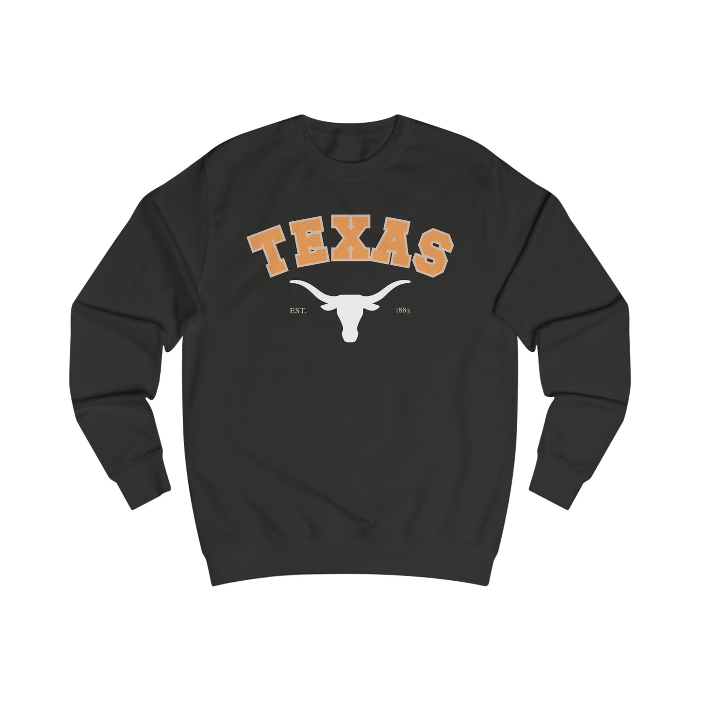 Black sweatshirt with 'Texas' and longhorn logo on a white background