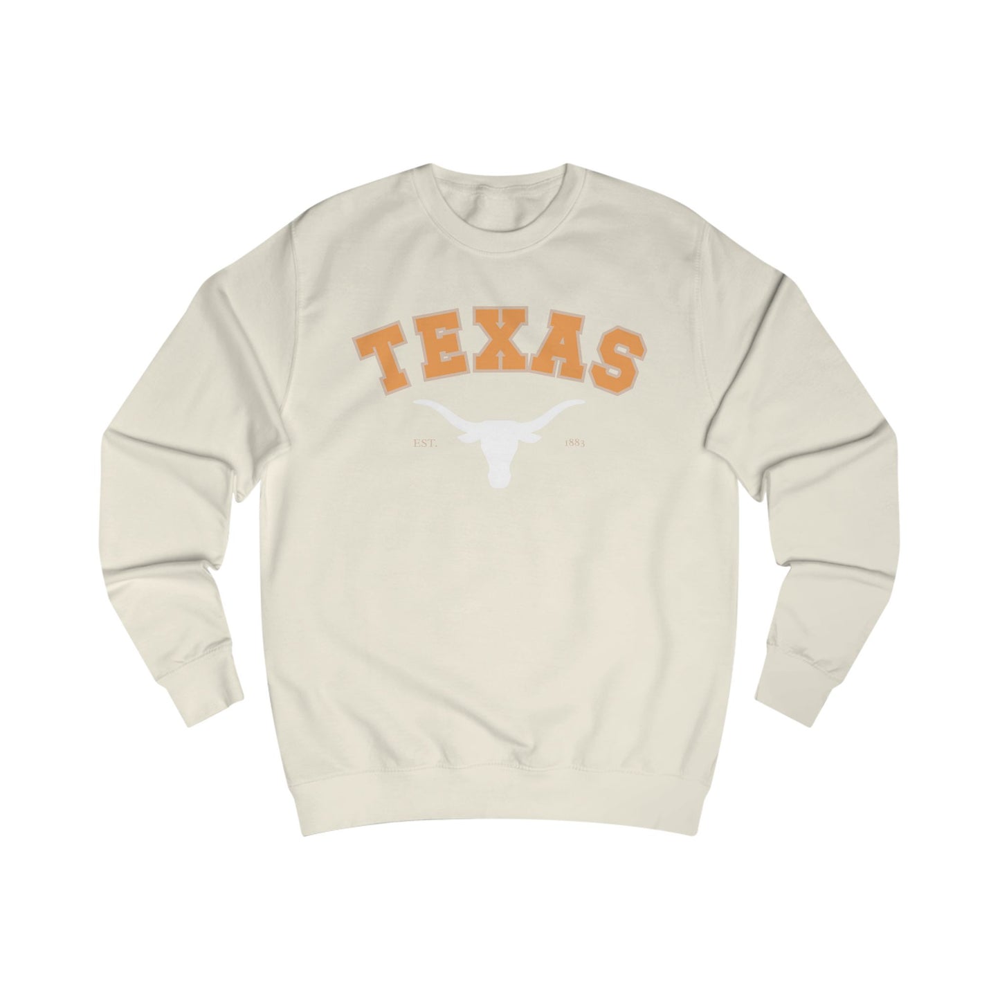 Beige sweatshirt with 'TEXAS' printed in orange on a white background