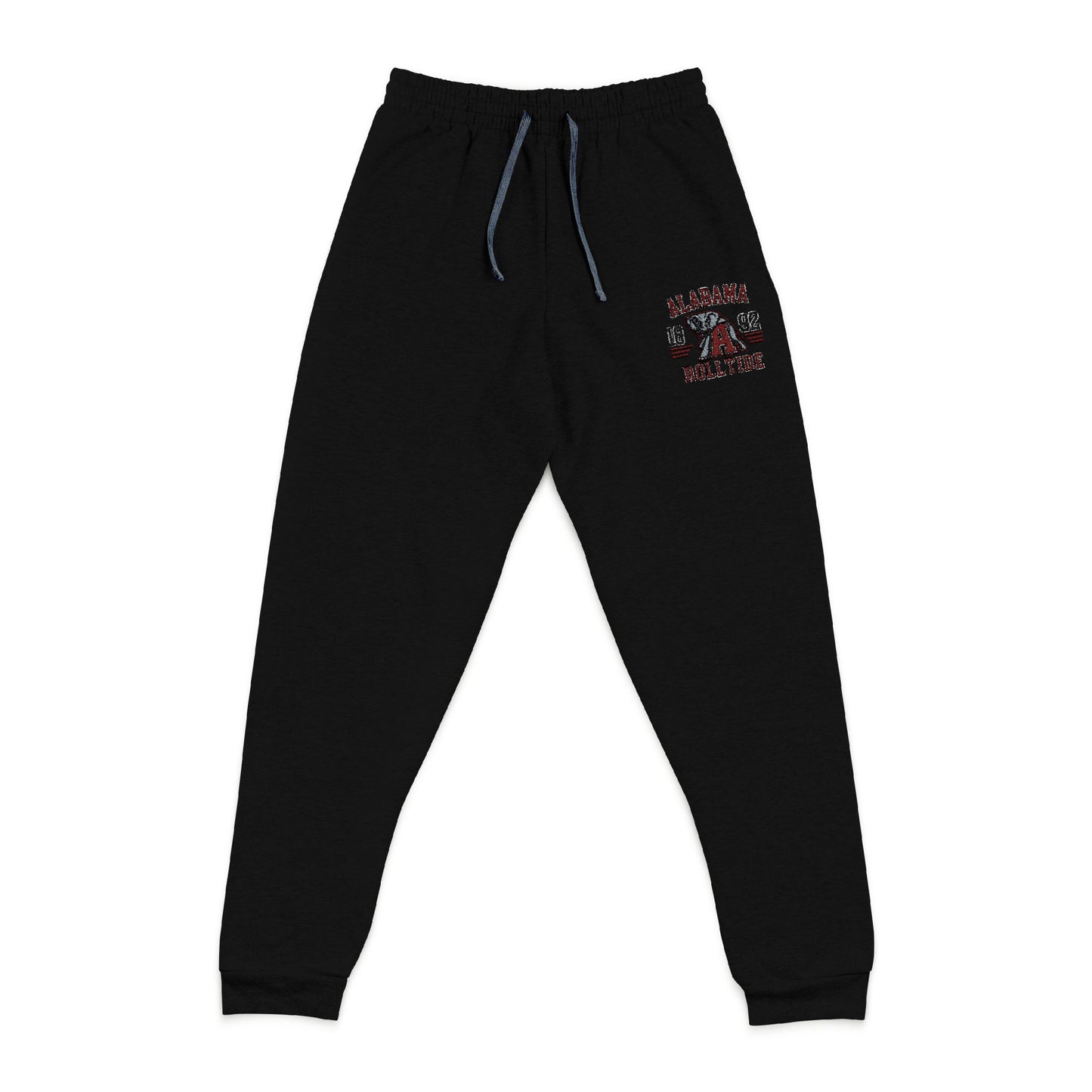 Black sweatpants with a colorful logo on a white background