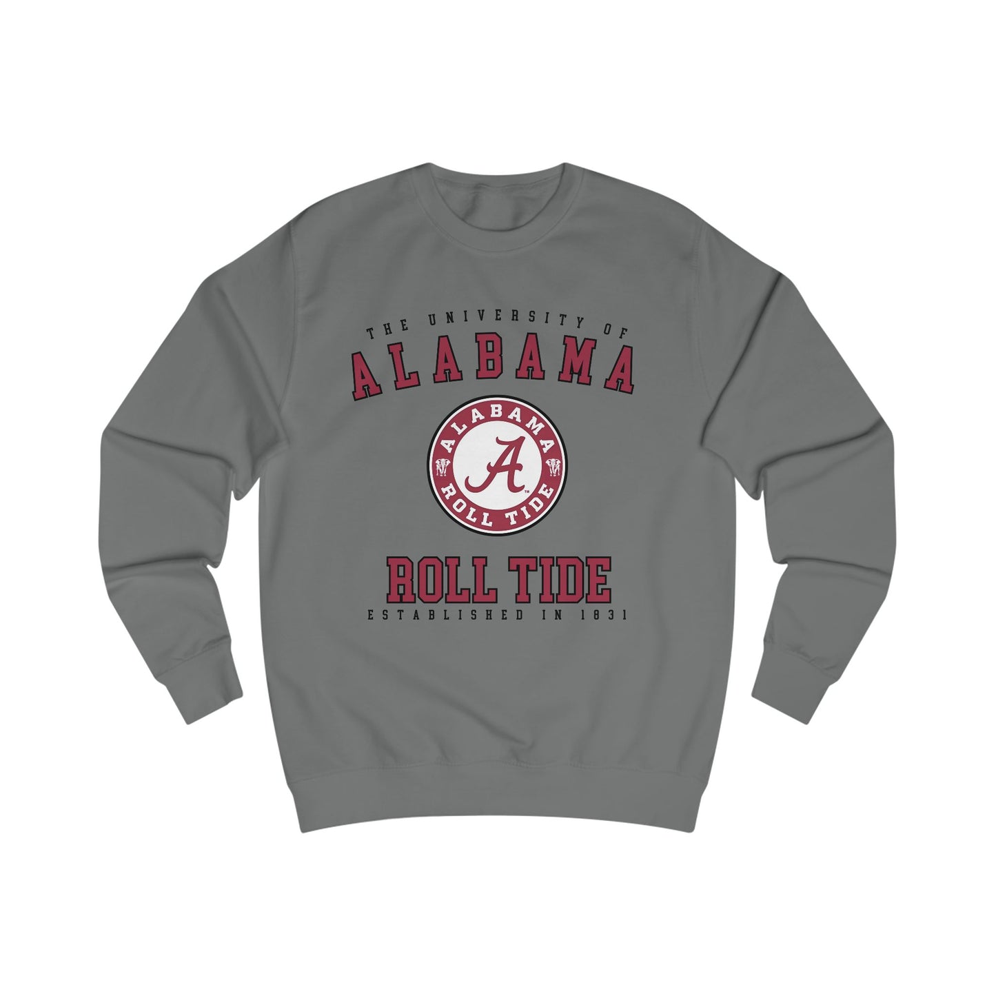 Gray sweatshirt with Alabama logo and text on a white background