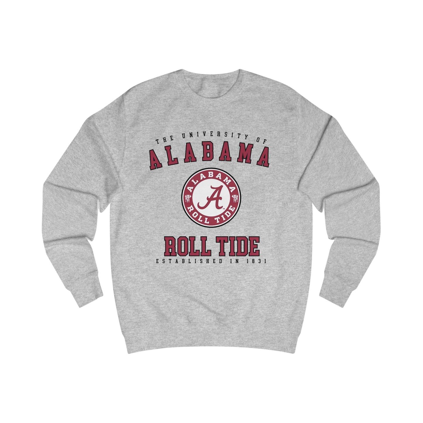 Gray sweatshirt with Alabama logo and text on a white background