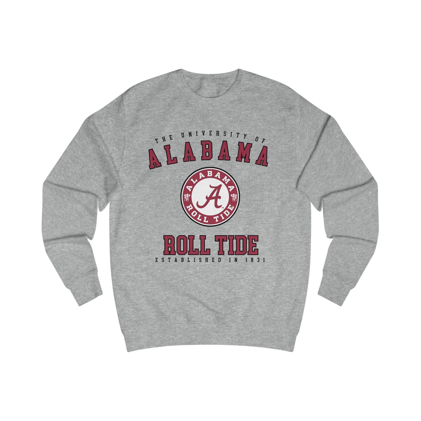 Gray sweatshirt with Alabama logo and text on a white background