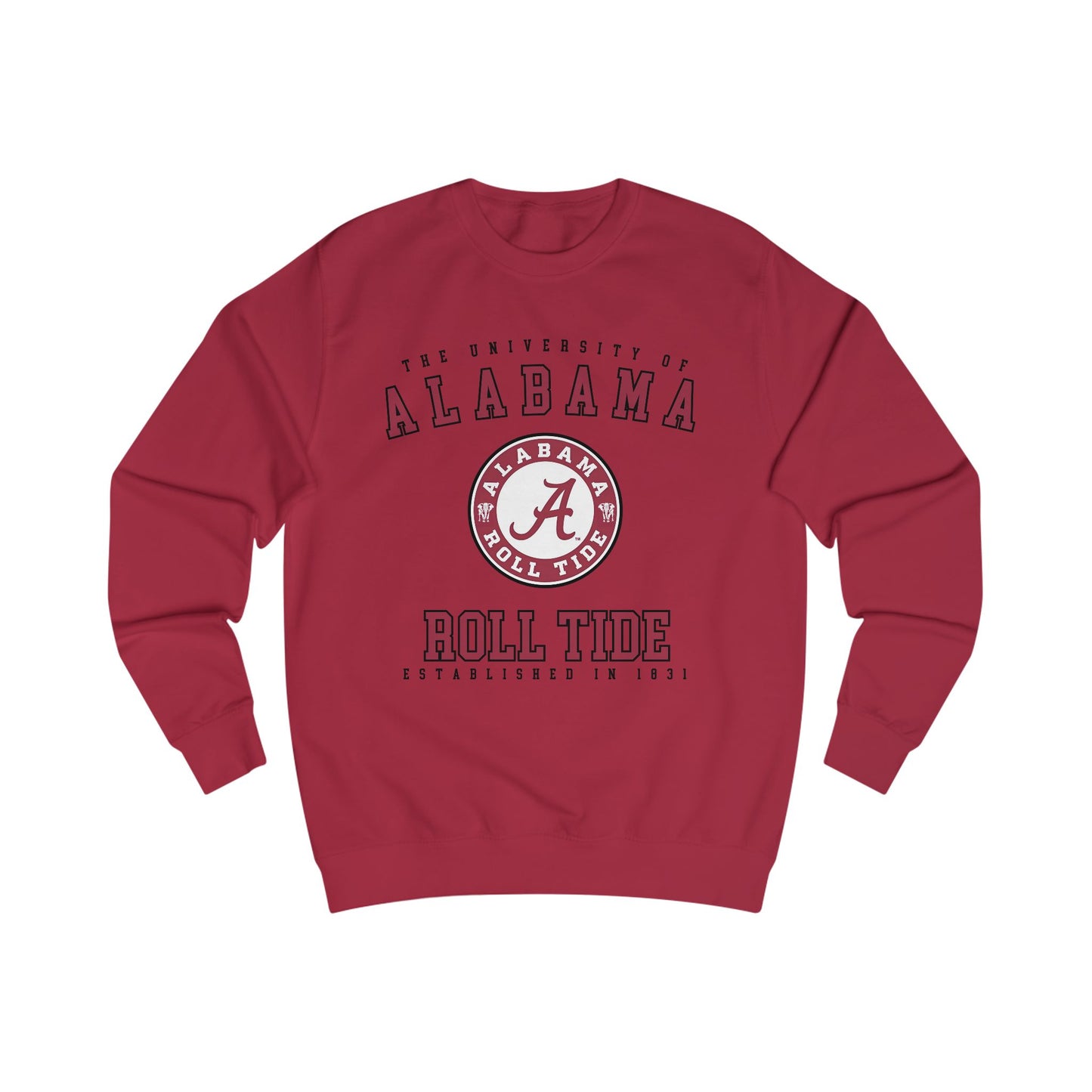 Red sweatshirt with 'University of Alabama Roll Tide' text and logo on a white background