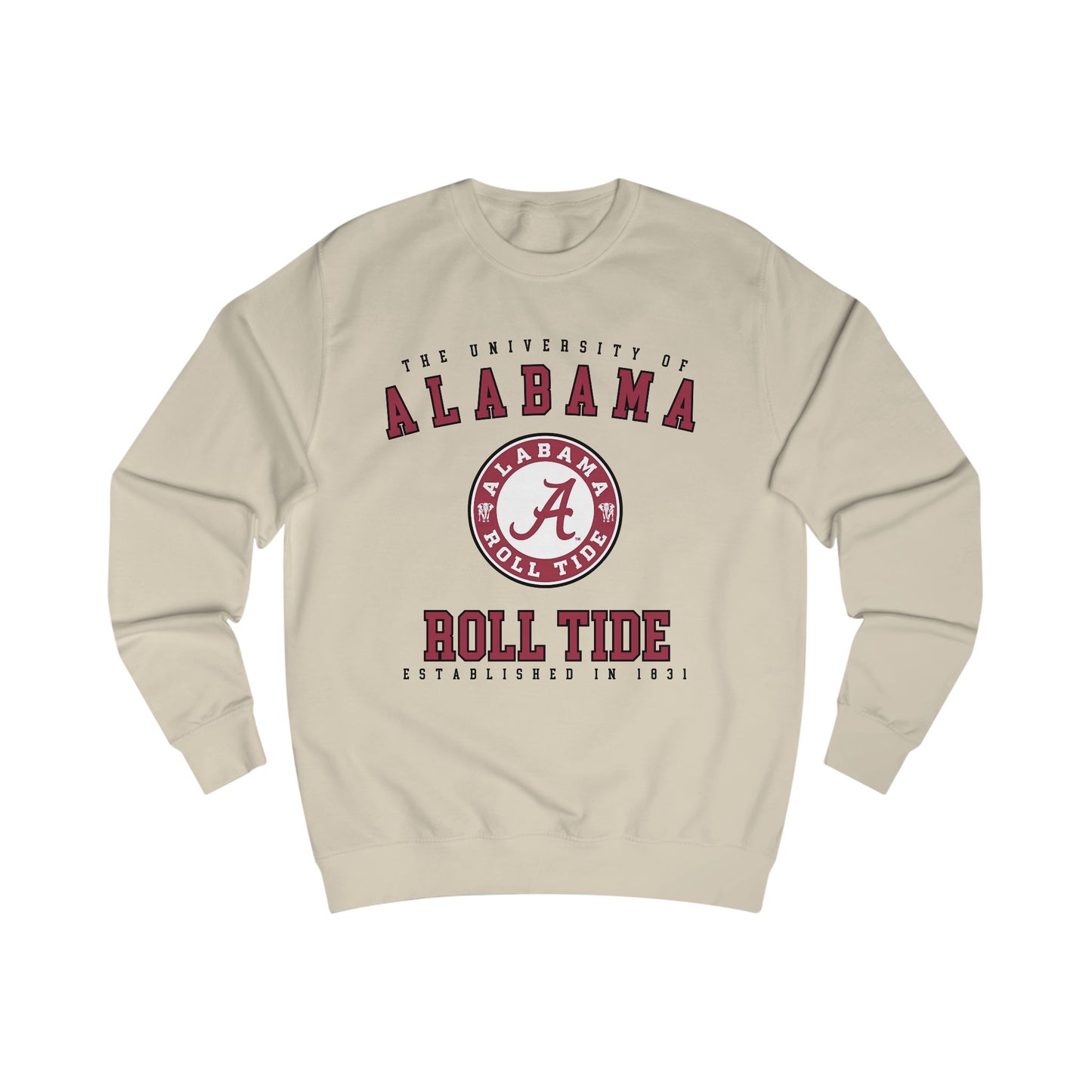 Beige sweatshirt with Alabama logo and text on a white background