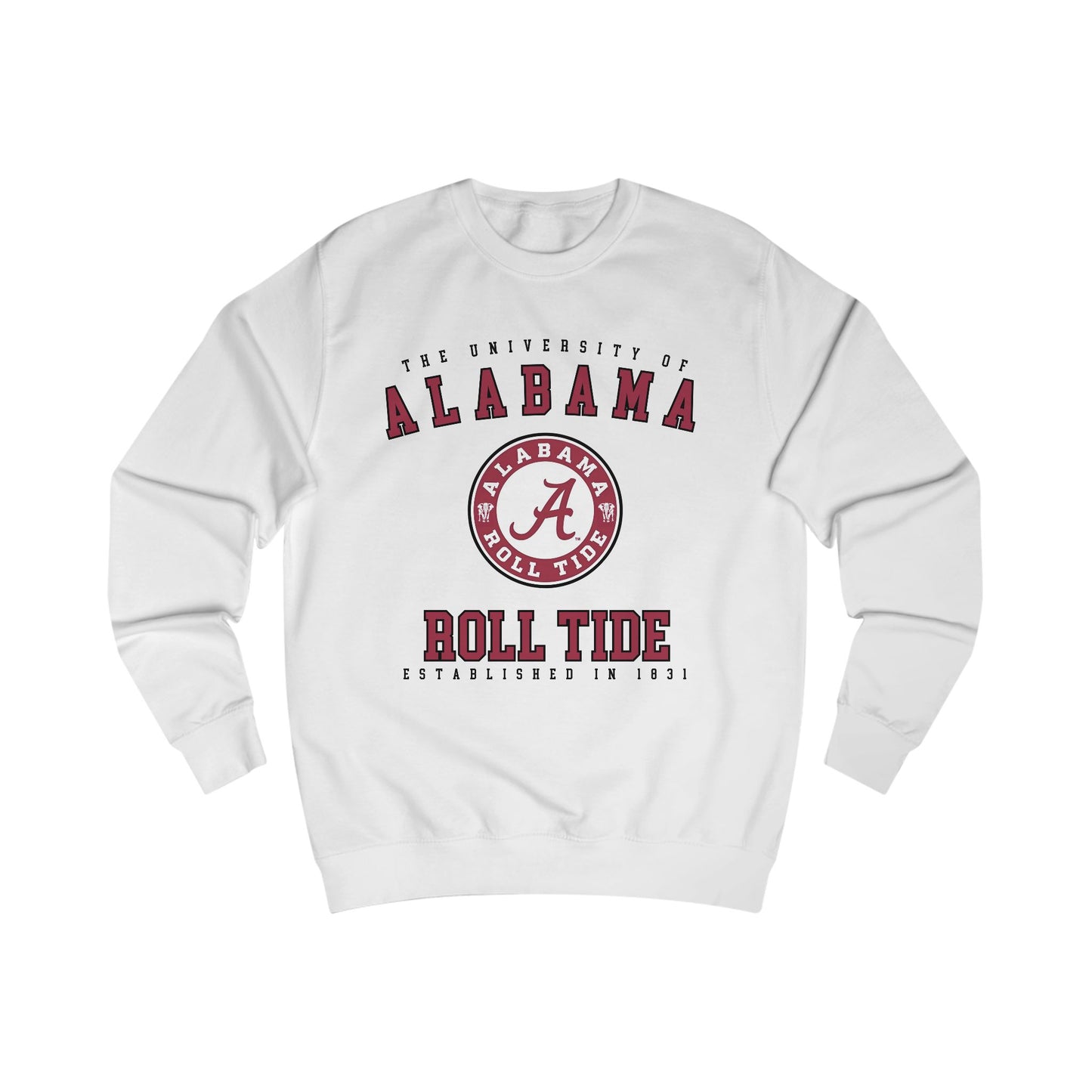 White sweatshirt with Alabama logo and text on a white background