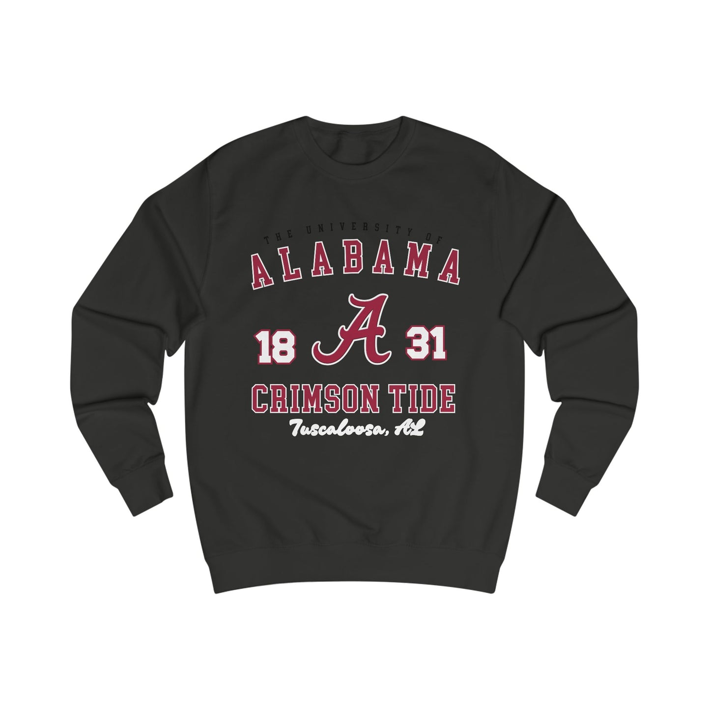 Black sweatshirt with Alabama Crimson Tide text and logo on a white background