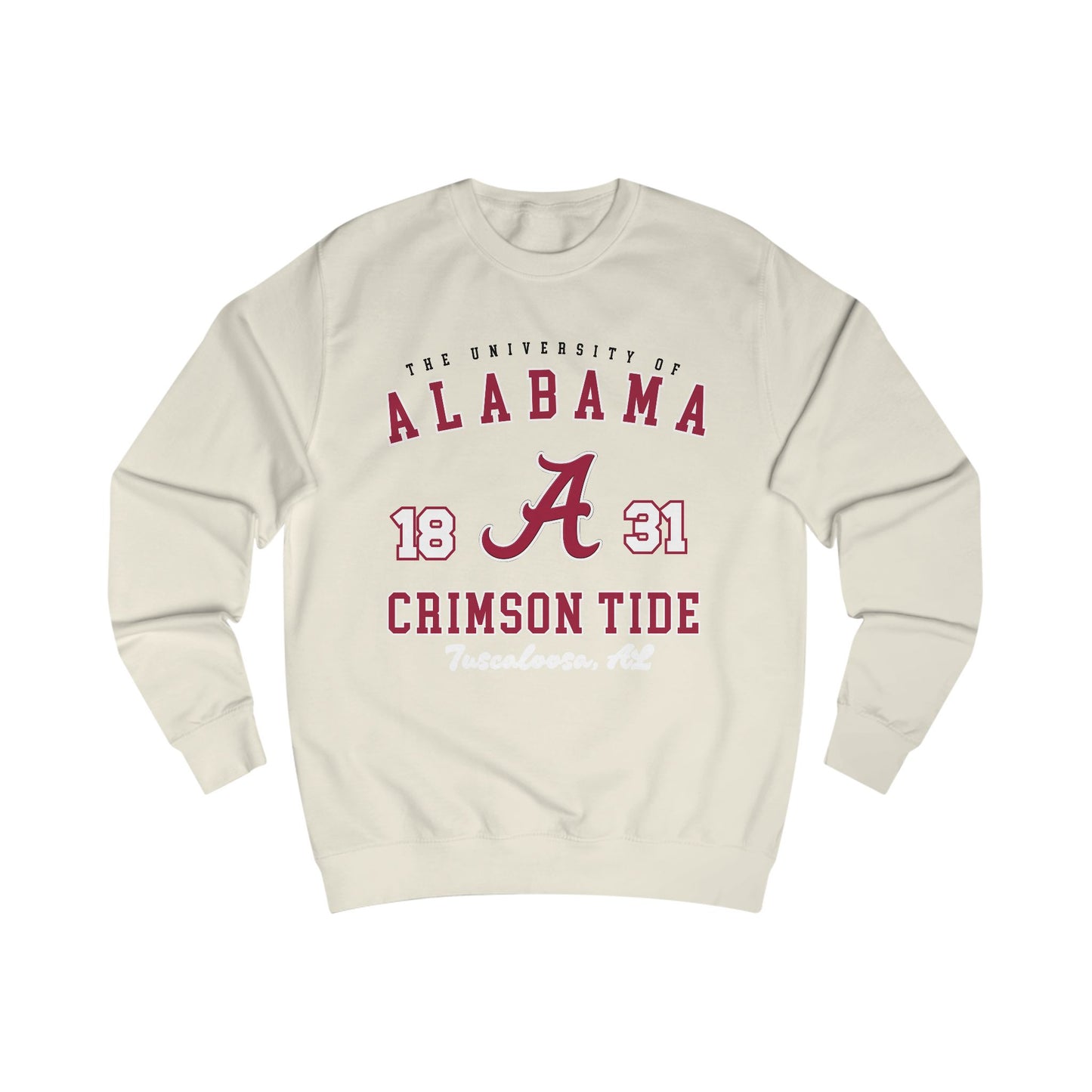 Beige sweatshirt with Alabama Crimson Tide text and logo on a white background