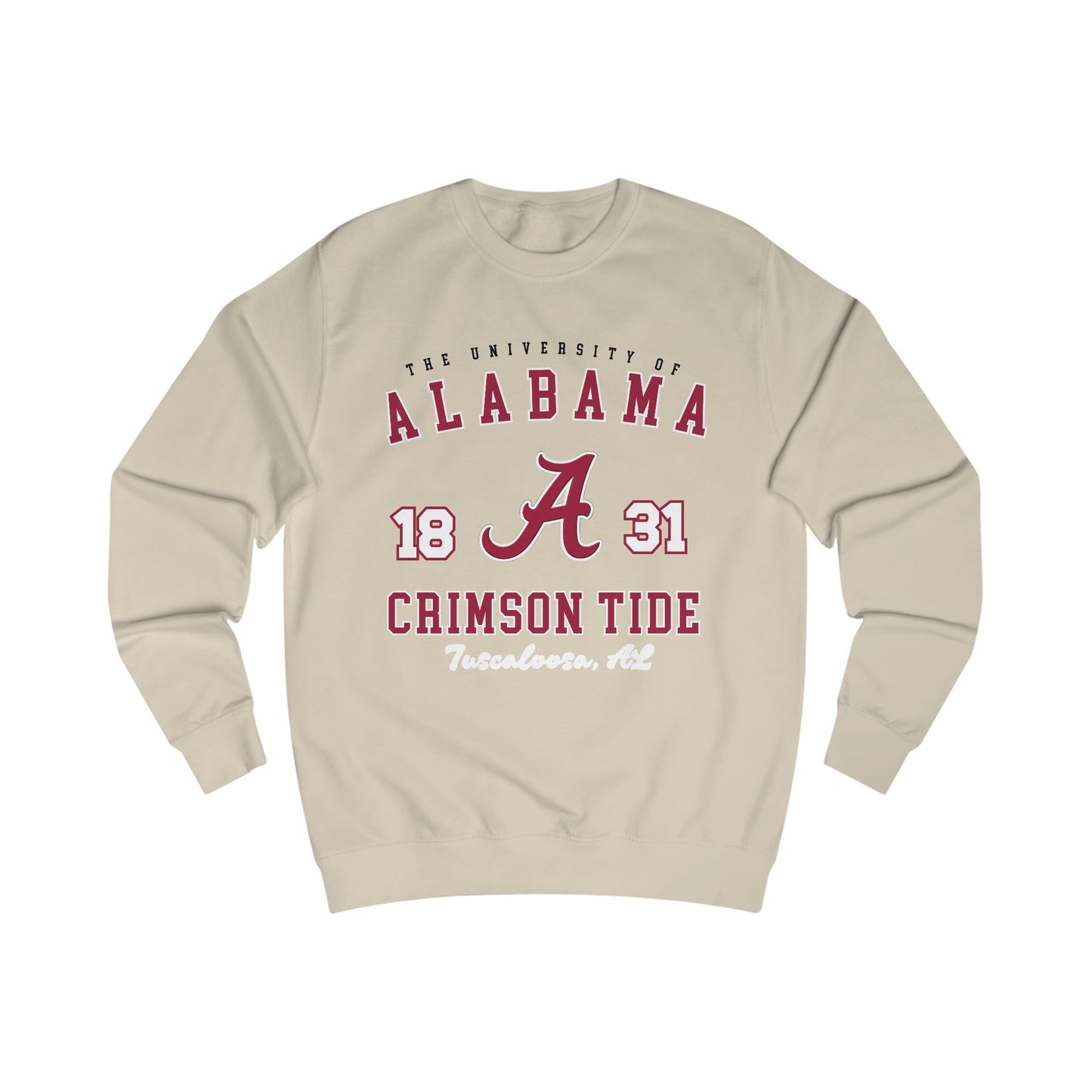 Beige sweatshirt with Alabama Crimson Tide text and logo on a white background