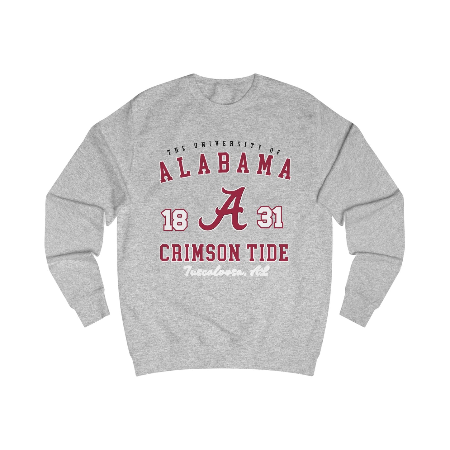 Gray sweatshirt with Alabama Crimson Tide text and logo on a white background