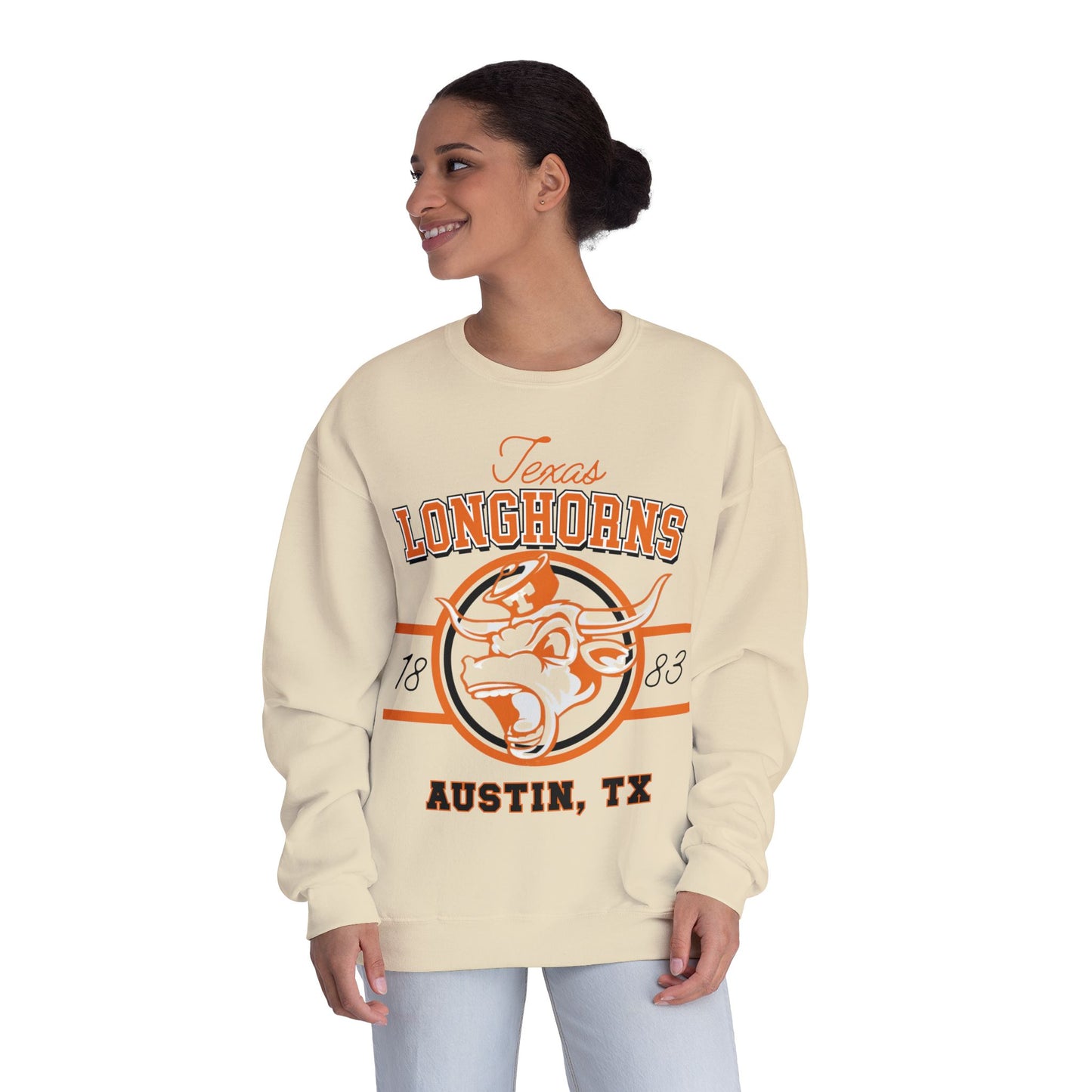 Woman wearing a Texas Longhorns sweatshirt on a white background