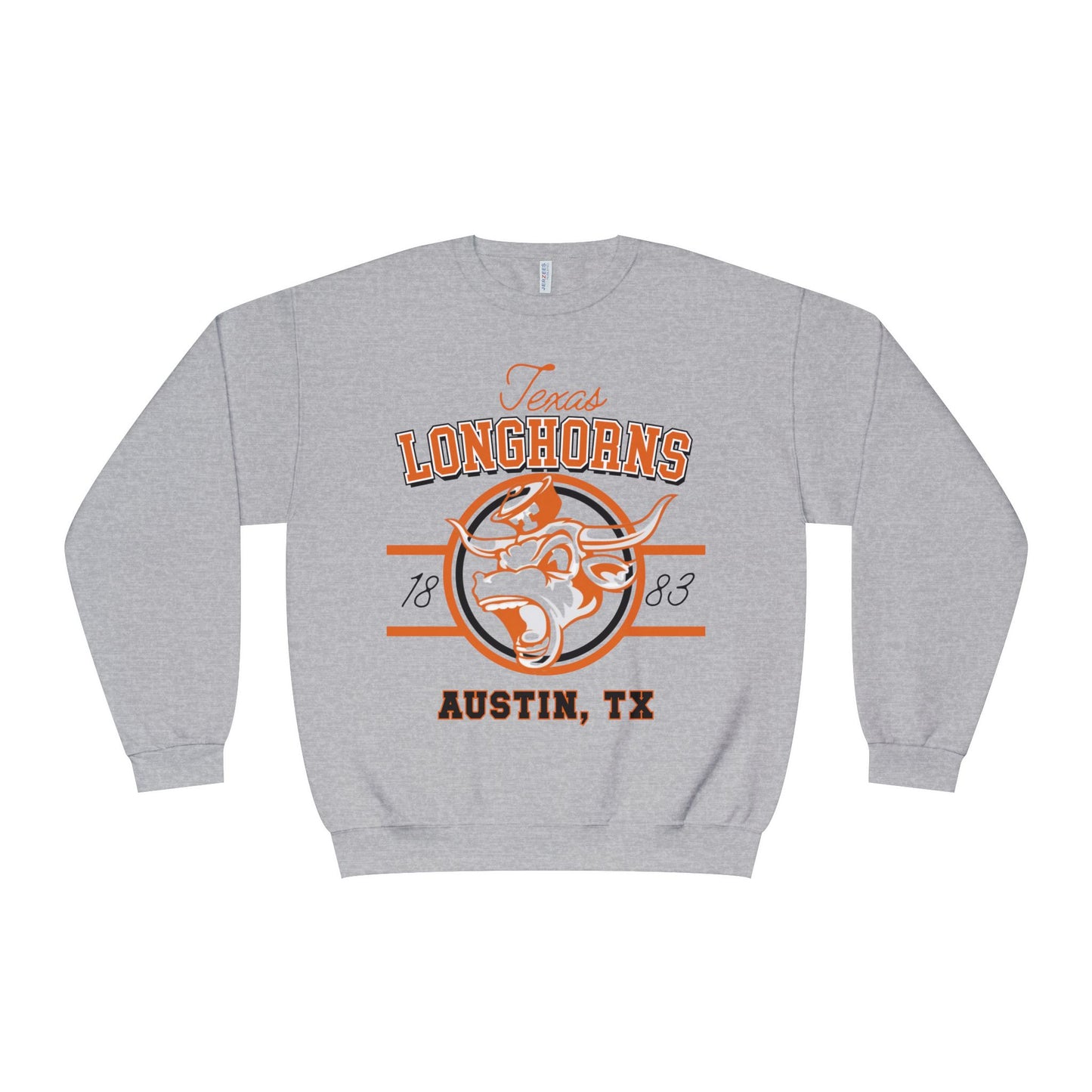 Gray sweatshirt with Texas Longhorns logo and text on a white background