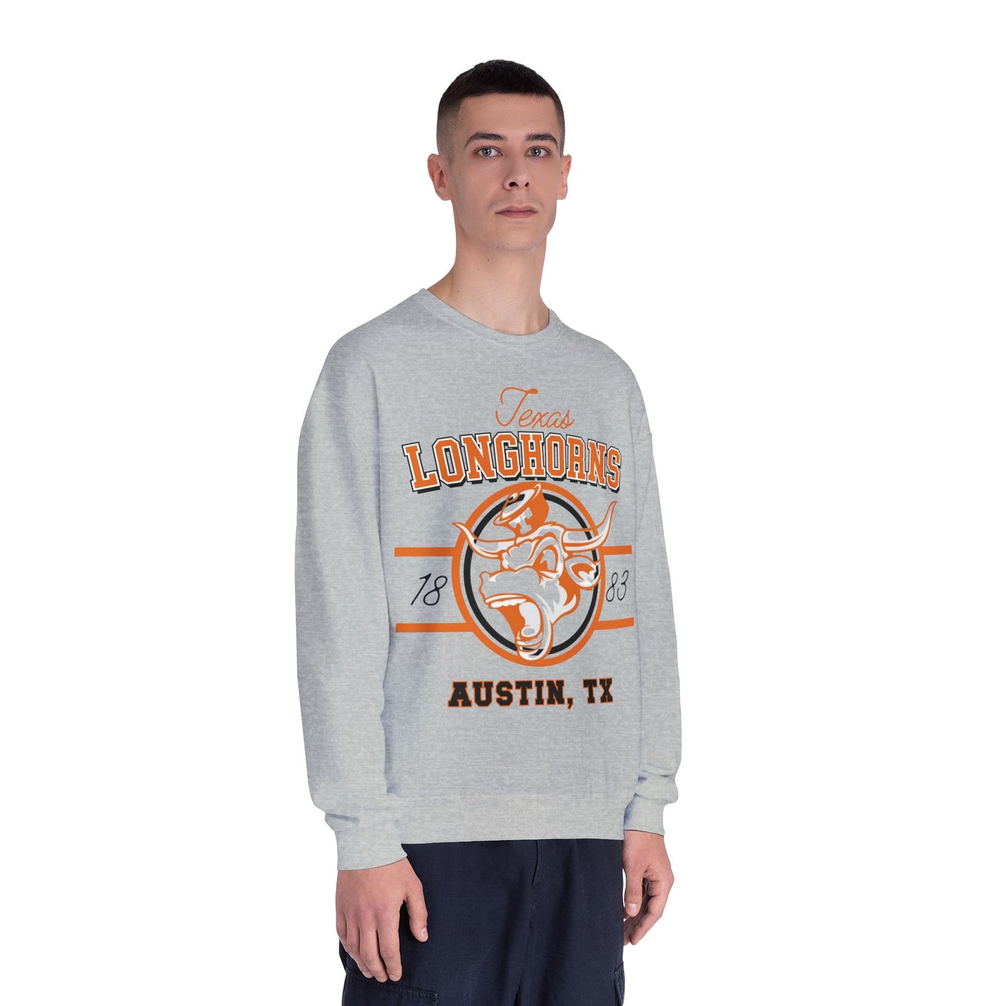 Person wearing a gray 'Texas Longhorns' sweatshirt on a white background