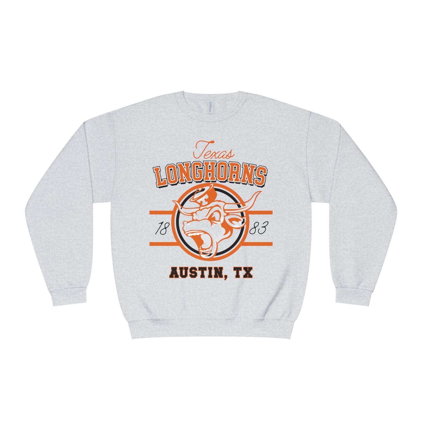 Gray sweatshirt with Texas Longhorns logo and text on a white background
