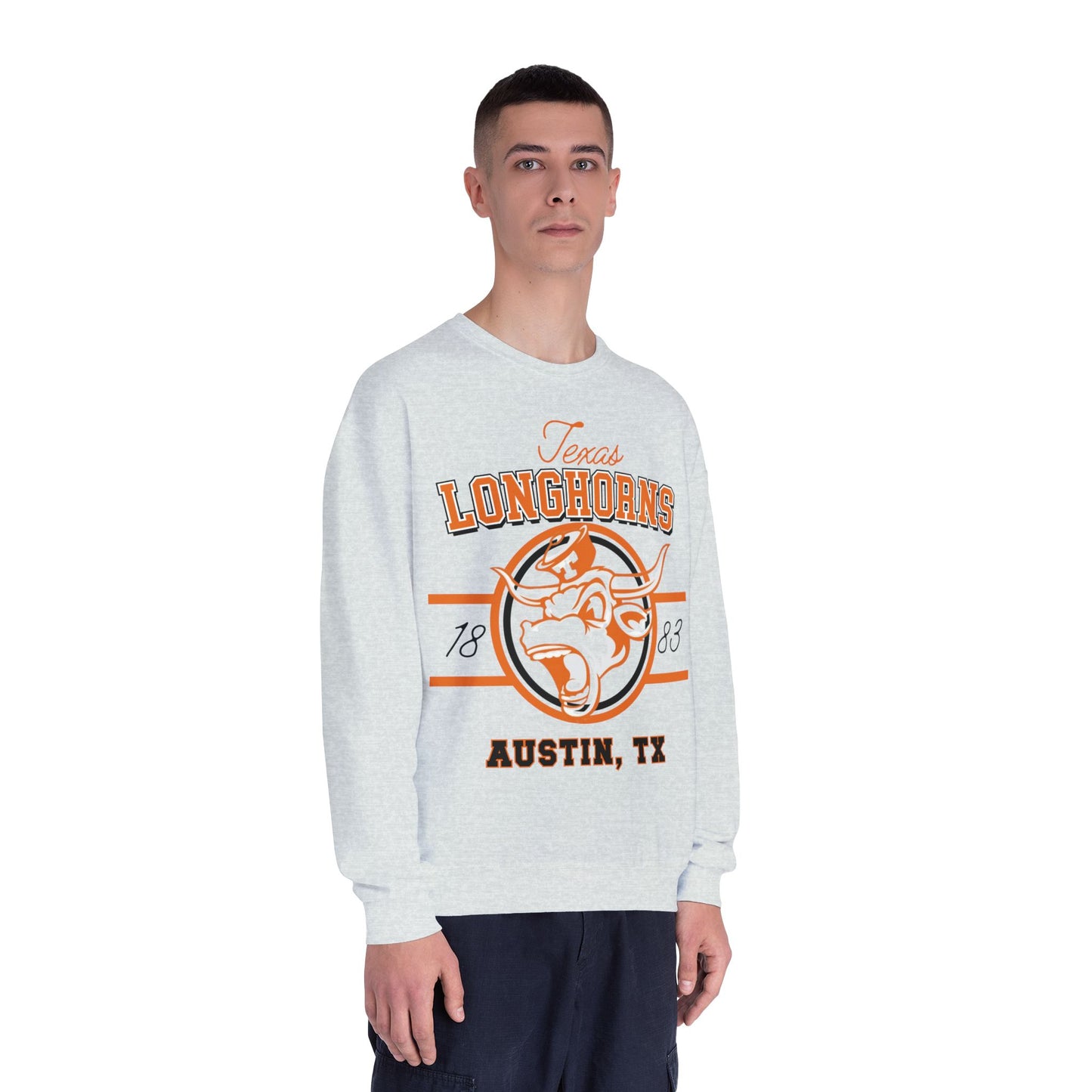 Person wearing a Texas Longhorns sweatshirt on a white background