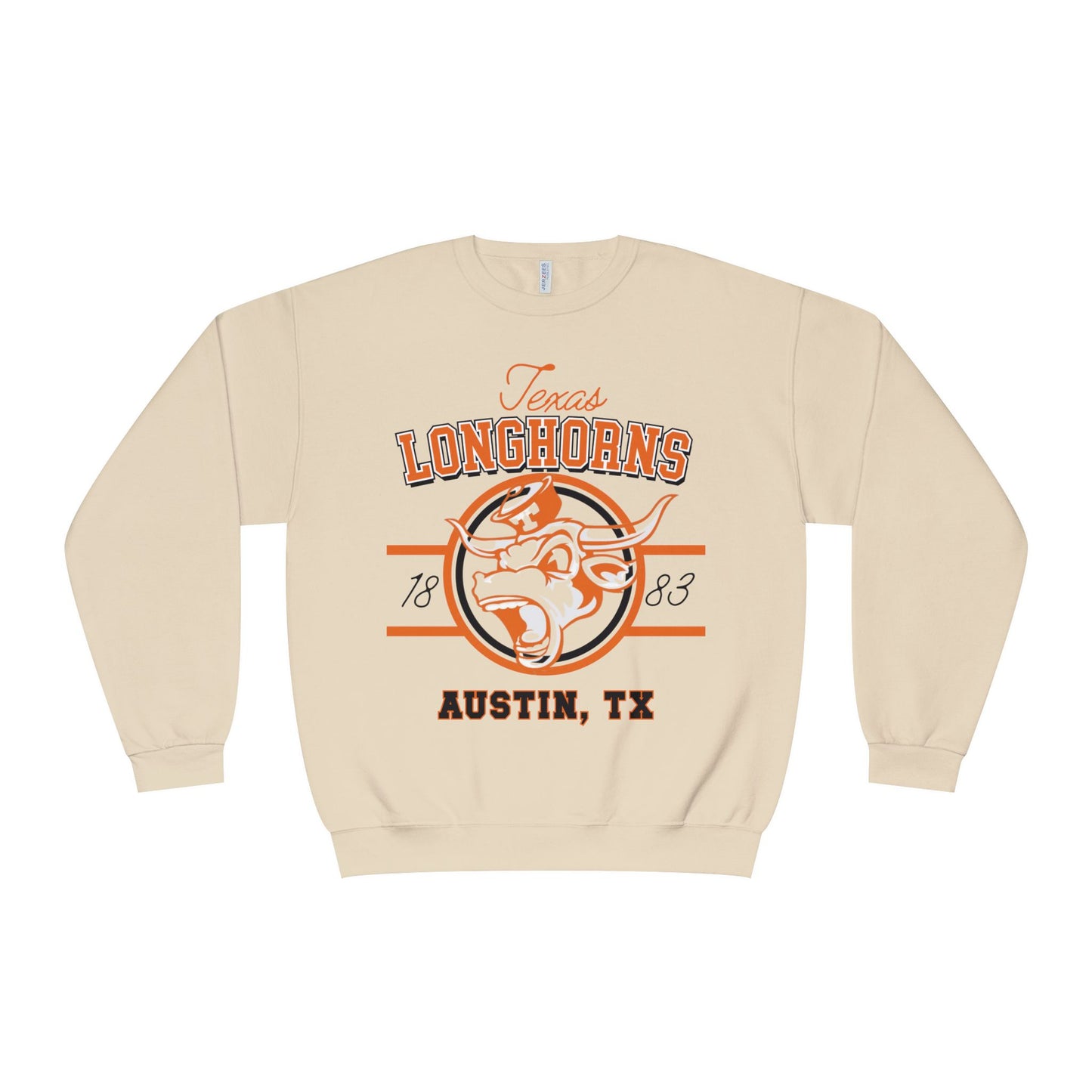 Beige sweatshirt with Texas Longhorns logo and text on a white background