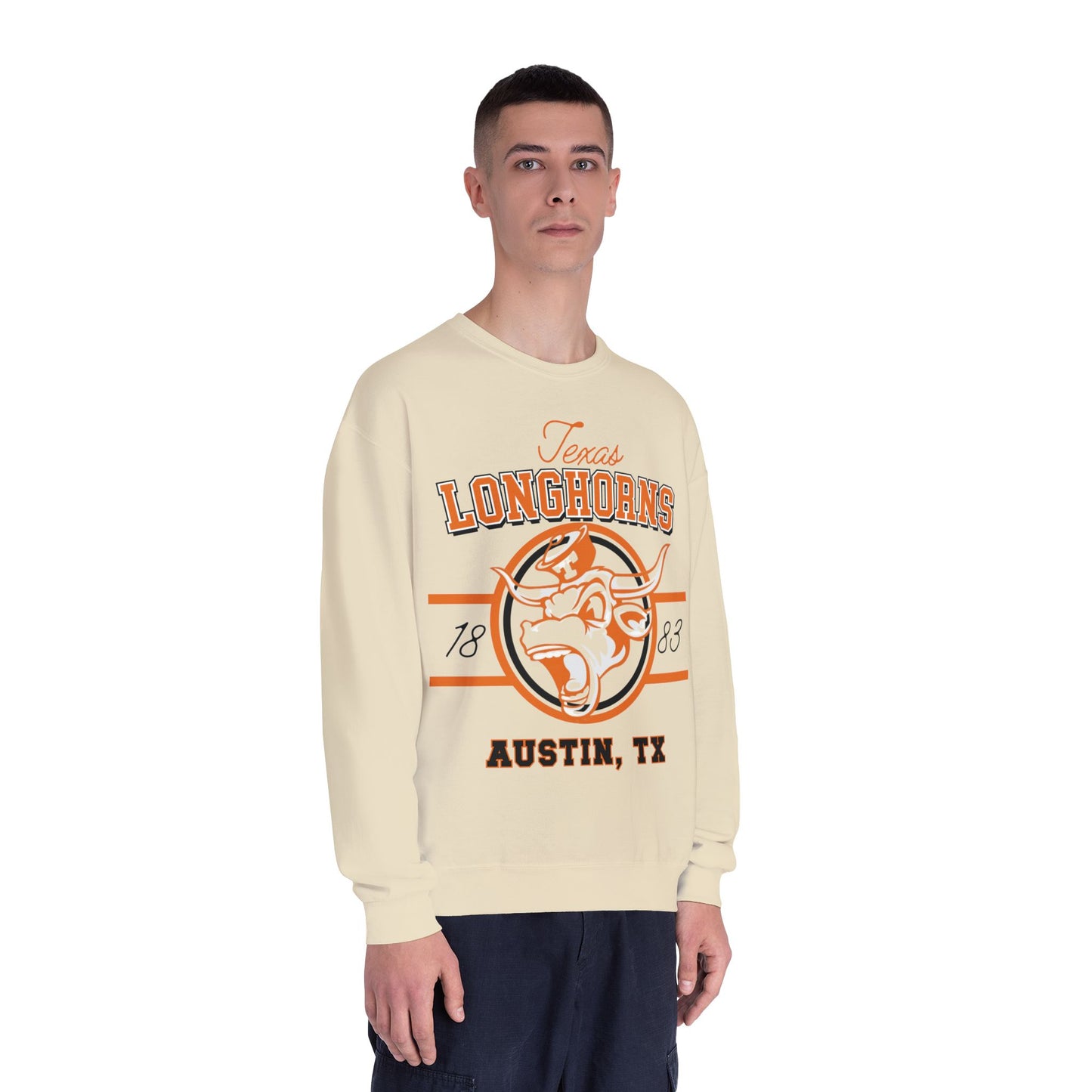 Person wearing a beige sweatshirt with 'Texas Longhorns' and 'Austin, TX' text on a white background