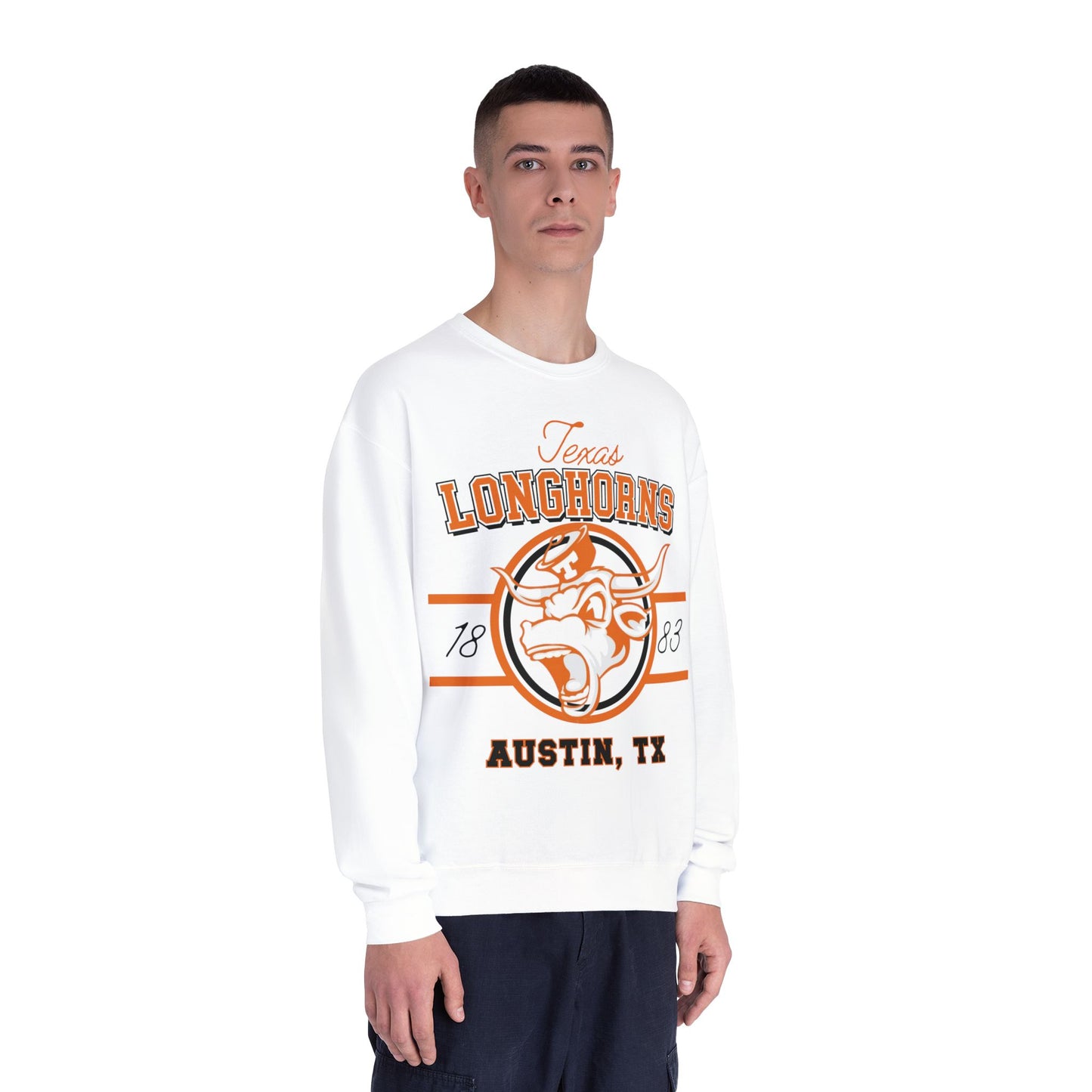Person wearing a white long-sleeve shirt with 'Texas Longhorns' and 'Austin, TX' print on a white background