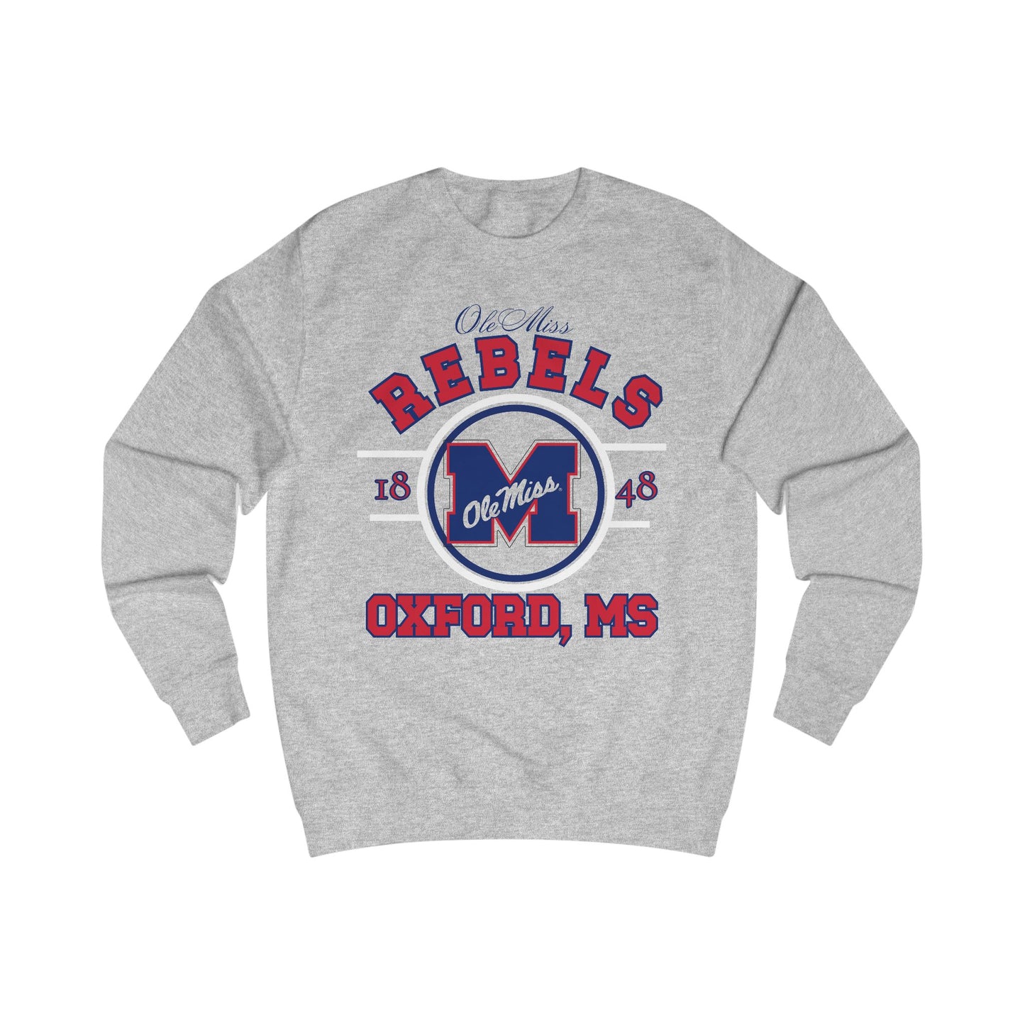 Gray sweatshirt with Ole Miss Rebels logo and text on a white background